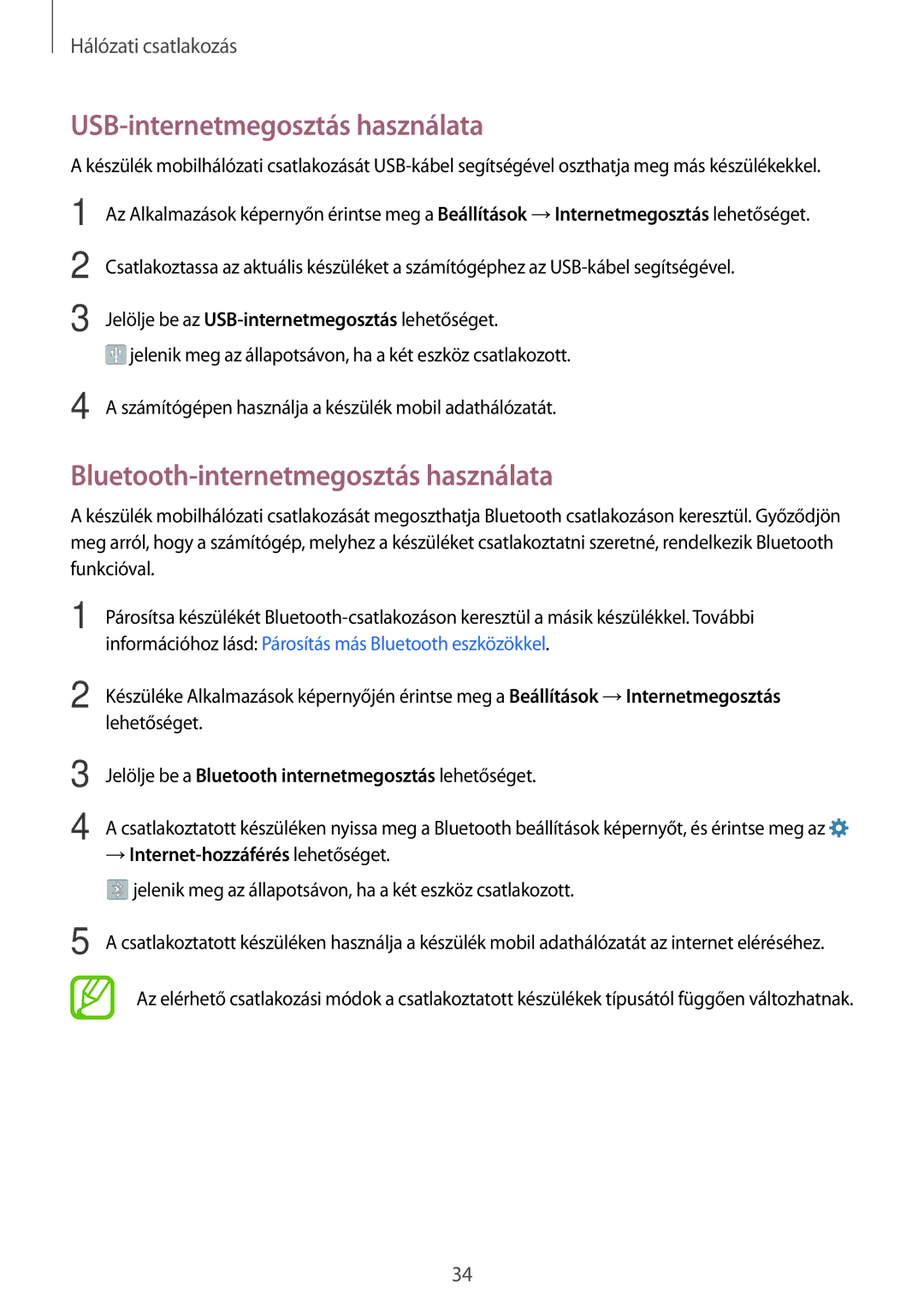 Samsung SM2G360FHAAVDH, SM-G360FZSAPRT manual USB-internetmegosztás használata, Bluetooth-internetmegosztás használata 