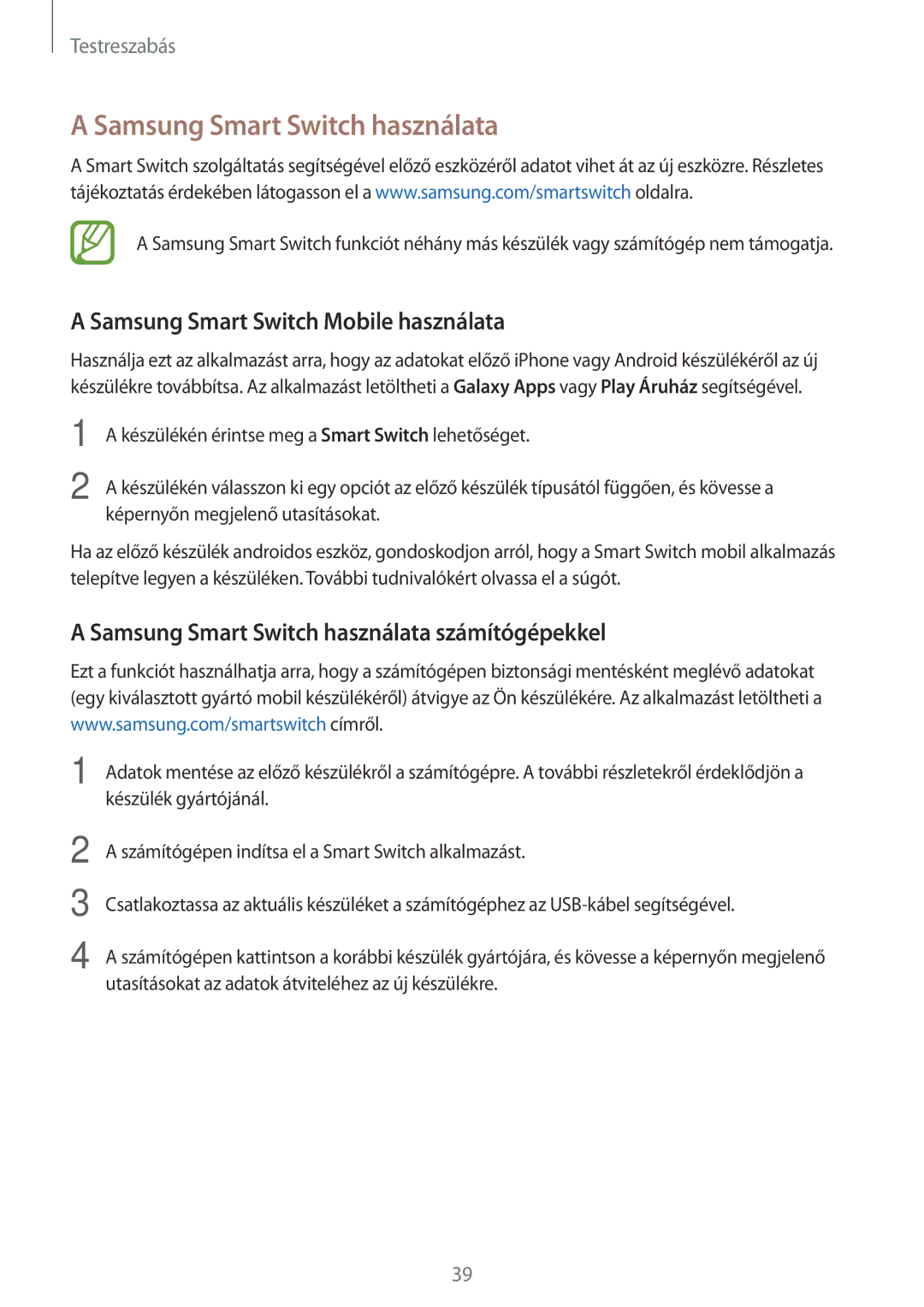 Samsung SM-G360FHAAPAN, SM-G360FZSAPRT manual Samsung Smart Switch használata, Samsung Smart Switch Mobile használata 