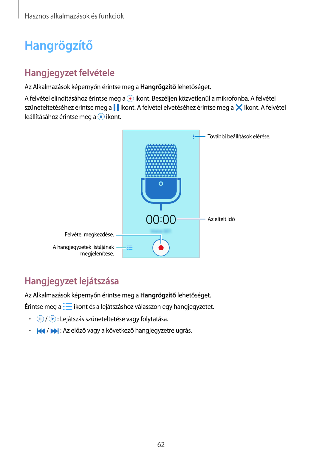 Samsung SM2G360FZSAXEH, SM-G360FZSAPRT, SM-G360FHAAPRT manual Hangrögzítő, Hangjegyzet felvétele, Hangjegyzet lejátszása 