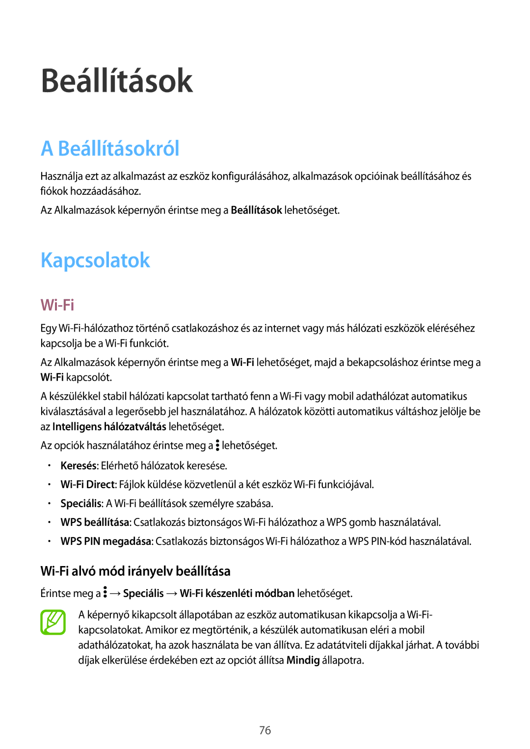 Samsung SM2G360FHAAXEH, SM-G360FZSAPRT manual Beállításokról, Kapcsolatok, Wi-Fi alvó mód irányelv beállítása 