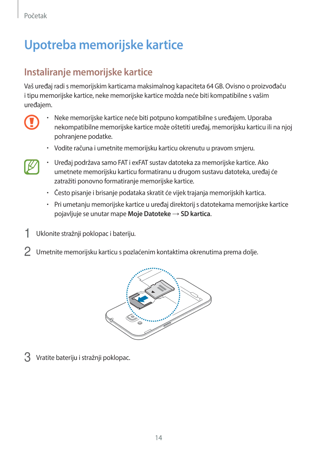 Samsung SM-G360FHAASEE, SM-G360FZSASEE, SM-G360FHAAVIP manual Upotreba memorijske kartice, Instaliranje memorijske kartice 