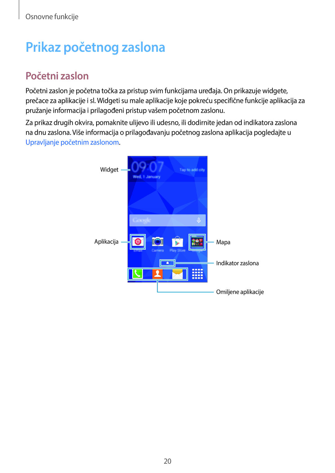 Samsung SM-G360FZSASEE, SM-G360FHAAVIP, SM-G360FZWASEE, SM-G360FZWAVIP manual Prikaz početnog zaslona, Početni zaslon 