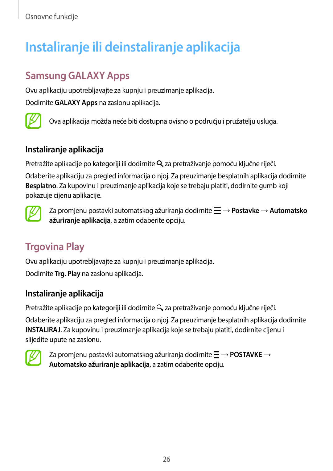 Samsung SM-G360FHAAVIP, SM-G360FZSASEE manual Instaliranje ili deinstaliranje aplikacija, Samsung Galaxy Apps, Trgovina Play 