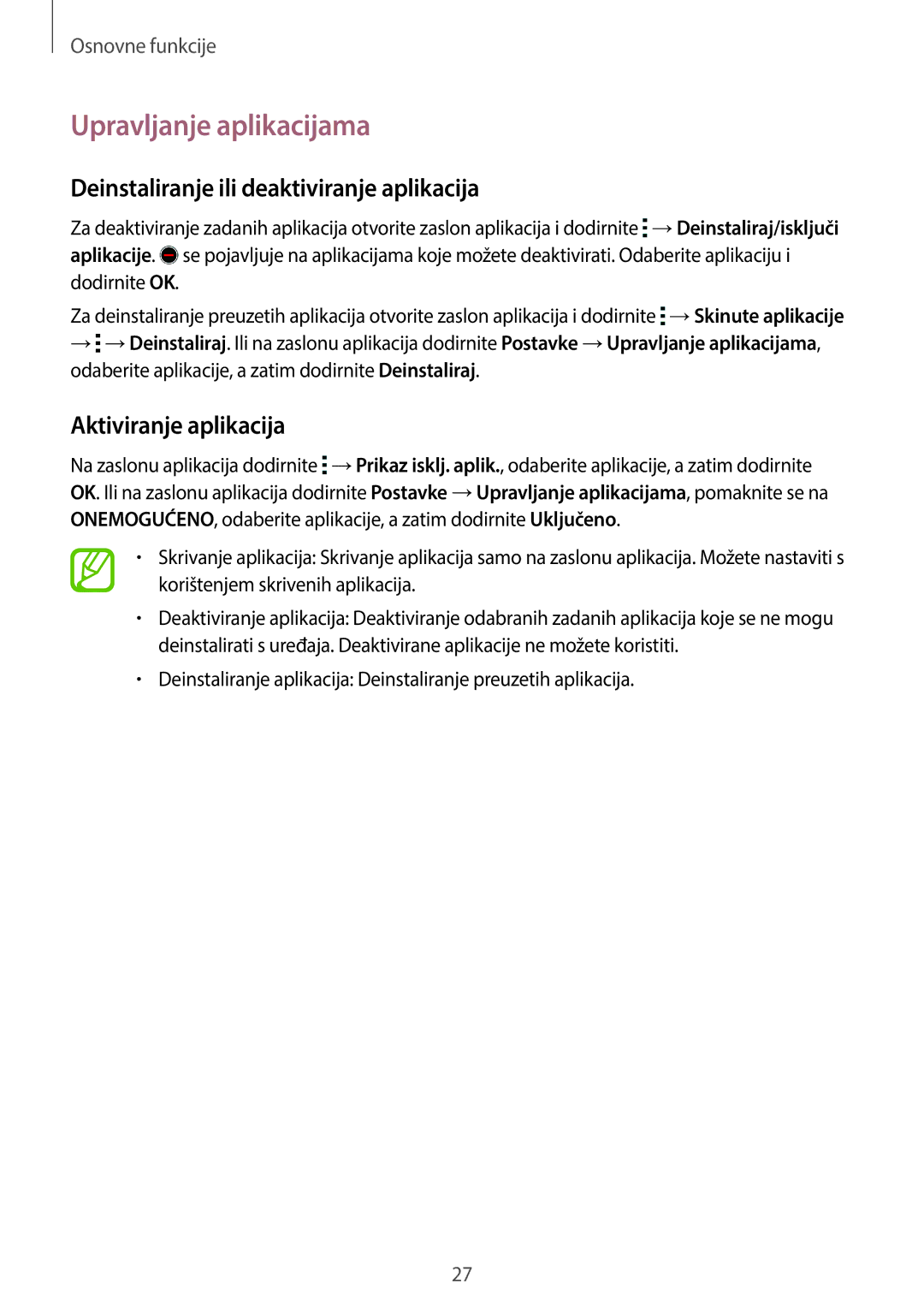 Samsung SM-G360FZWASEE manual Upravljanje aplikacijama, Deinstaliranje ili deaktiviranje aplikacija, Aktiviranje aplikacija 