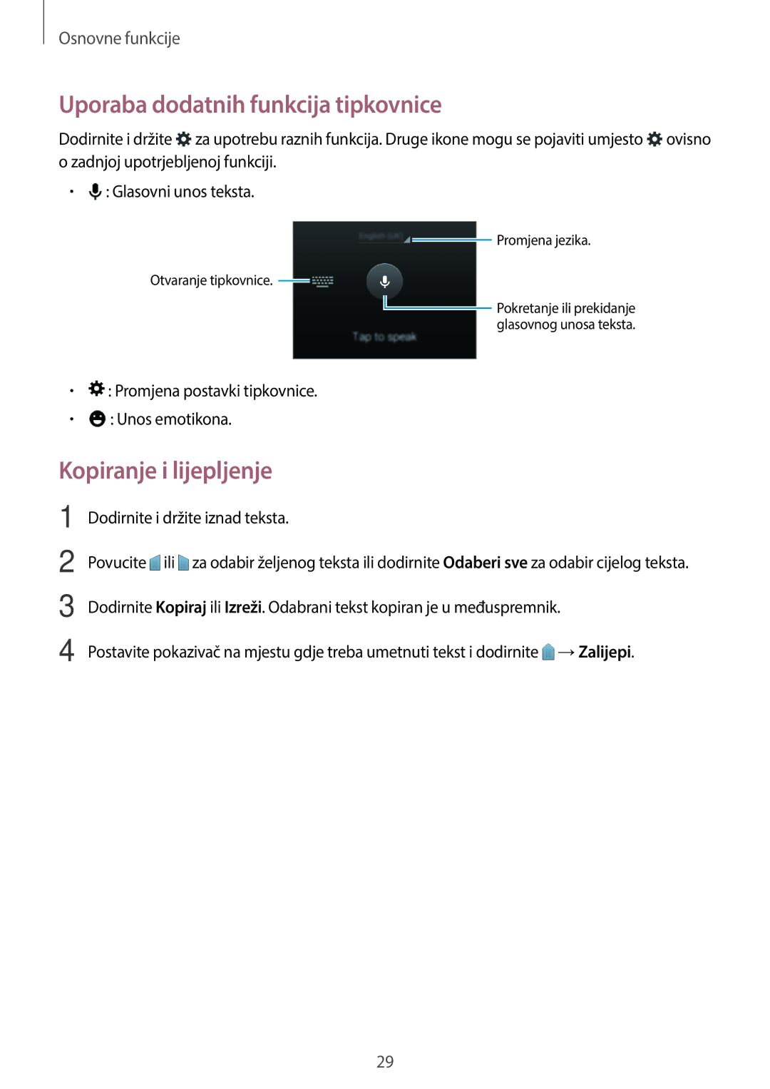 Samsung SM-G360FHAASEE, SM-G360FZSASEE, SM-G360FHAAVIP manual Uporaba dodatnih funkcija tipkovnice, Kopiranje i lijepljenje 