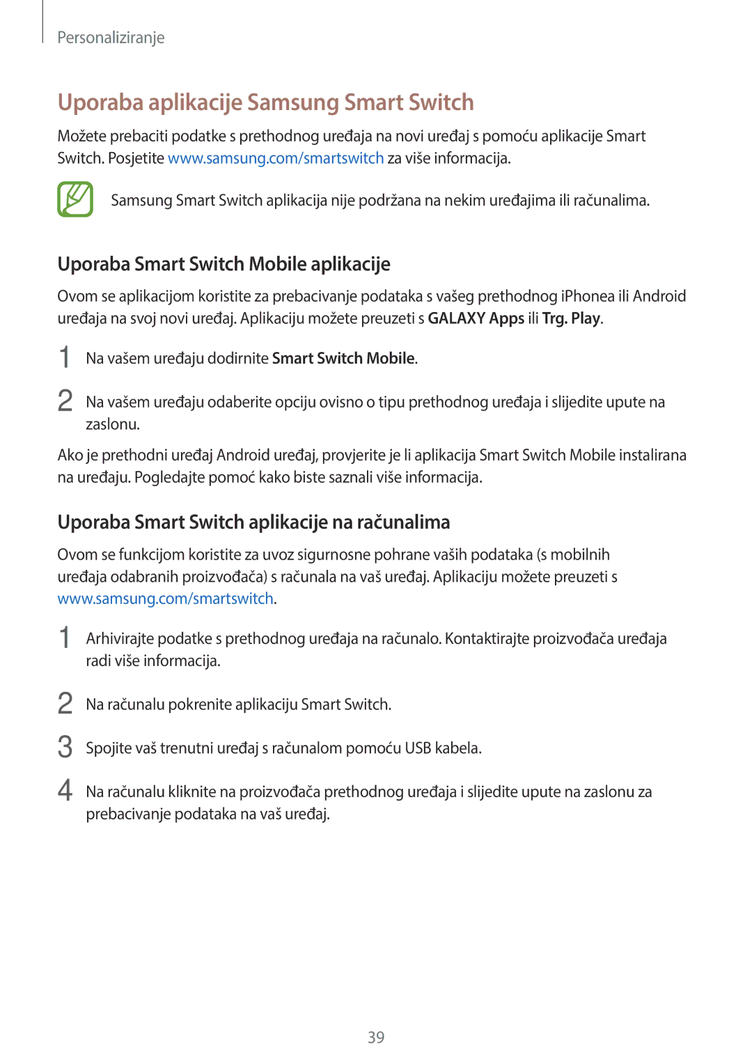 Samsung SM-G360FHAASEE, SM-G360FZSASEE Uporaba aplikacije Samsung Smart Switch, Uporaba Smart Switch Mobile aplikacije 