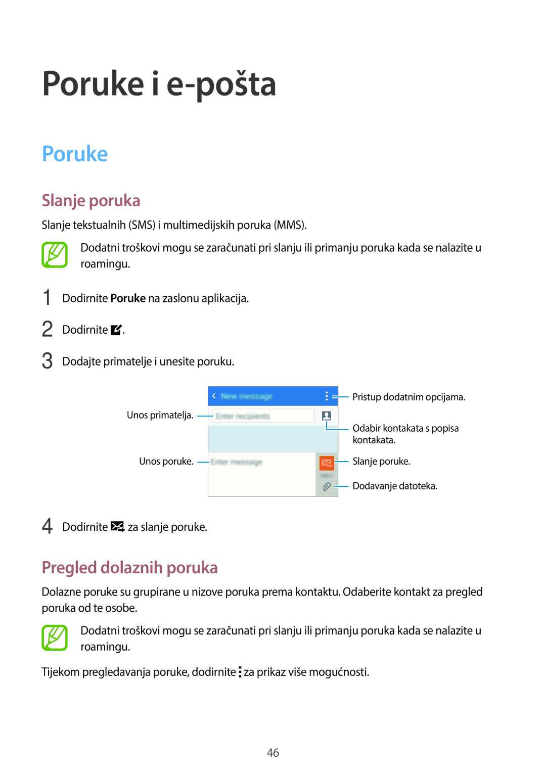 Samsung SM-G360FHAAVIP, SM-G360FZSASEE, SM-G360FZWASEE manual Poruke i e-pošta, Slanje poruka, Pregled dolaznih poruka 