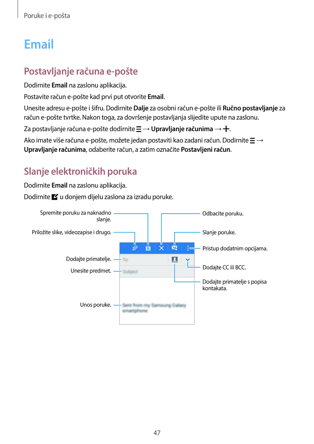 Samsung SM-G360FZWASEE, SM-G360FZSASEE, SM-G360FHAAVIP manual Postavljanje računa e-pošte, Slanje elektroničkih poruka 