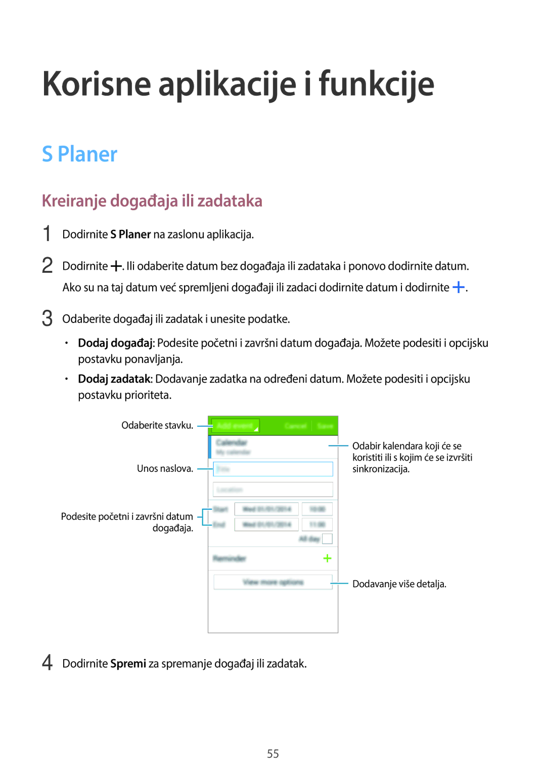 Samsung SM-G360FZSASEE, SM-G360FHAAVIP manual Korisne aplikacije i funkcije, Planer, Kreiranje događaja ili zadataka 