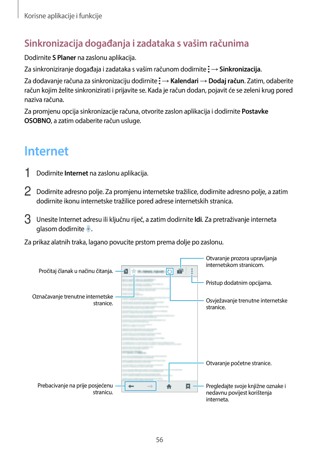 Samsung SM-G360FHAAVIP, SM-G360FZSASEE, SM-G360FZWASEE manual Internet, Sinkronizacija događanja i zadataka s vašim računima 