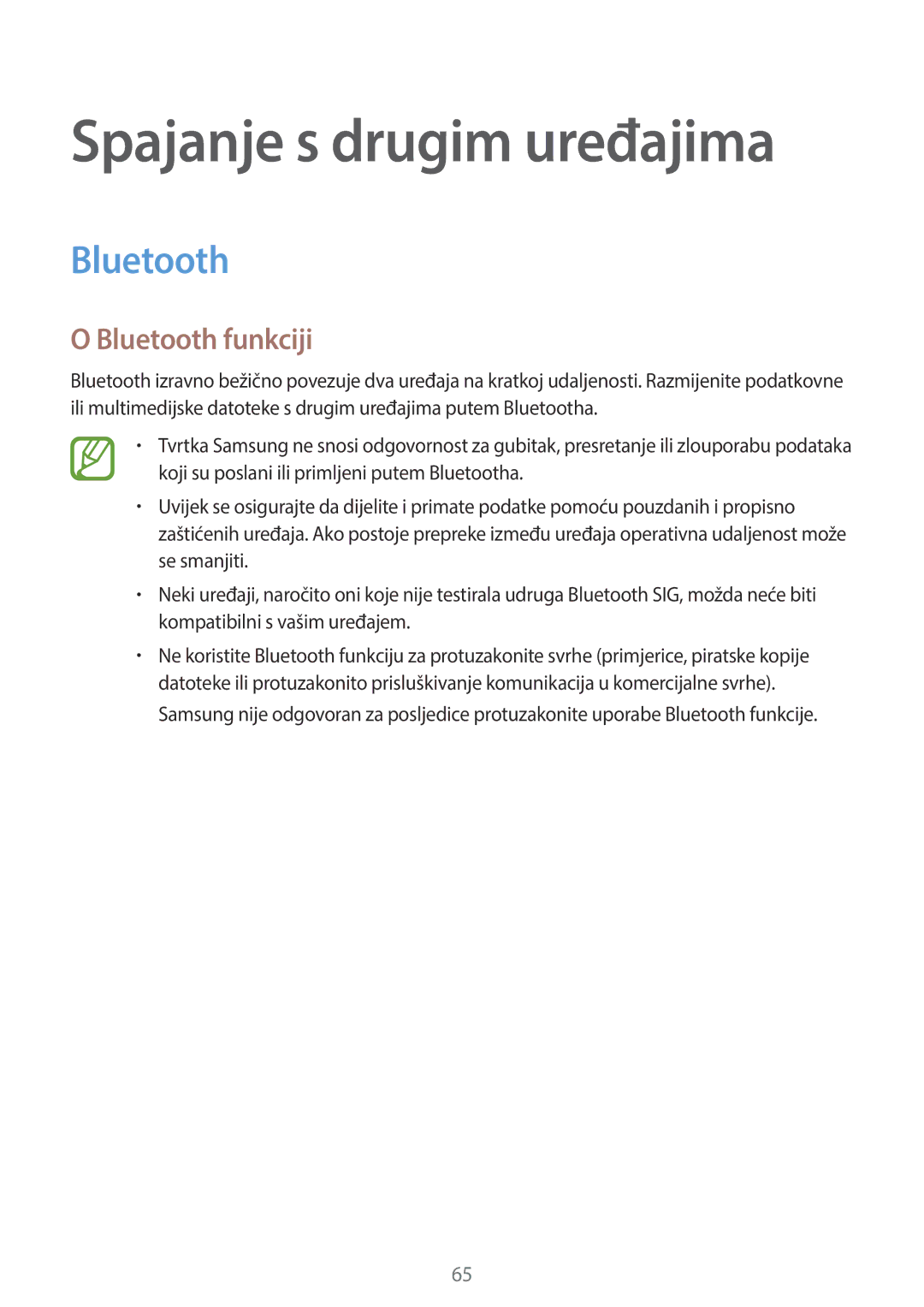 Samsung SM-G360FZSASEE, SM-G360FHAAVIP, SM-G360FZWASEE, SM-G360FZWAVIP Spajanje s drugim uređajima, Bluetooth funkciji 