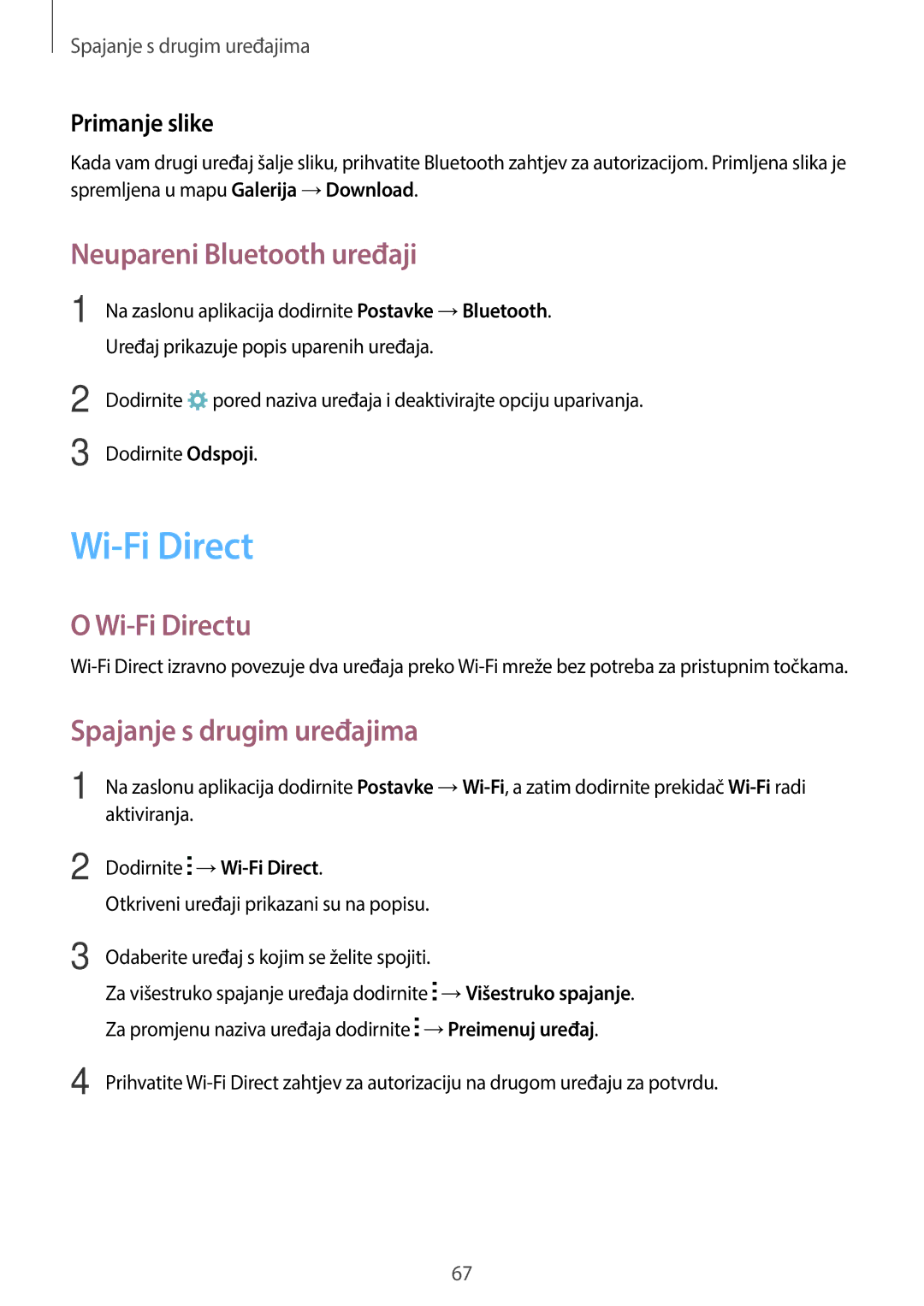 Samsung SM-G360FZWASEE manual Neupareni Bluetooth uređaji, Wi-Fi Directu, Spajanje s drugim uređajima, Primanje slike 