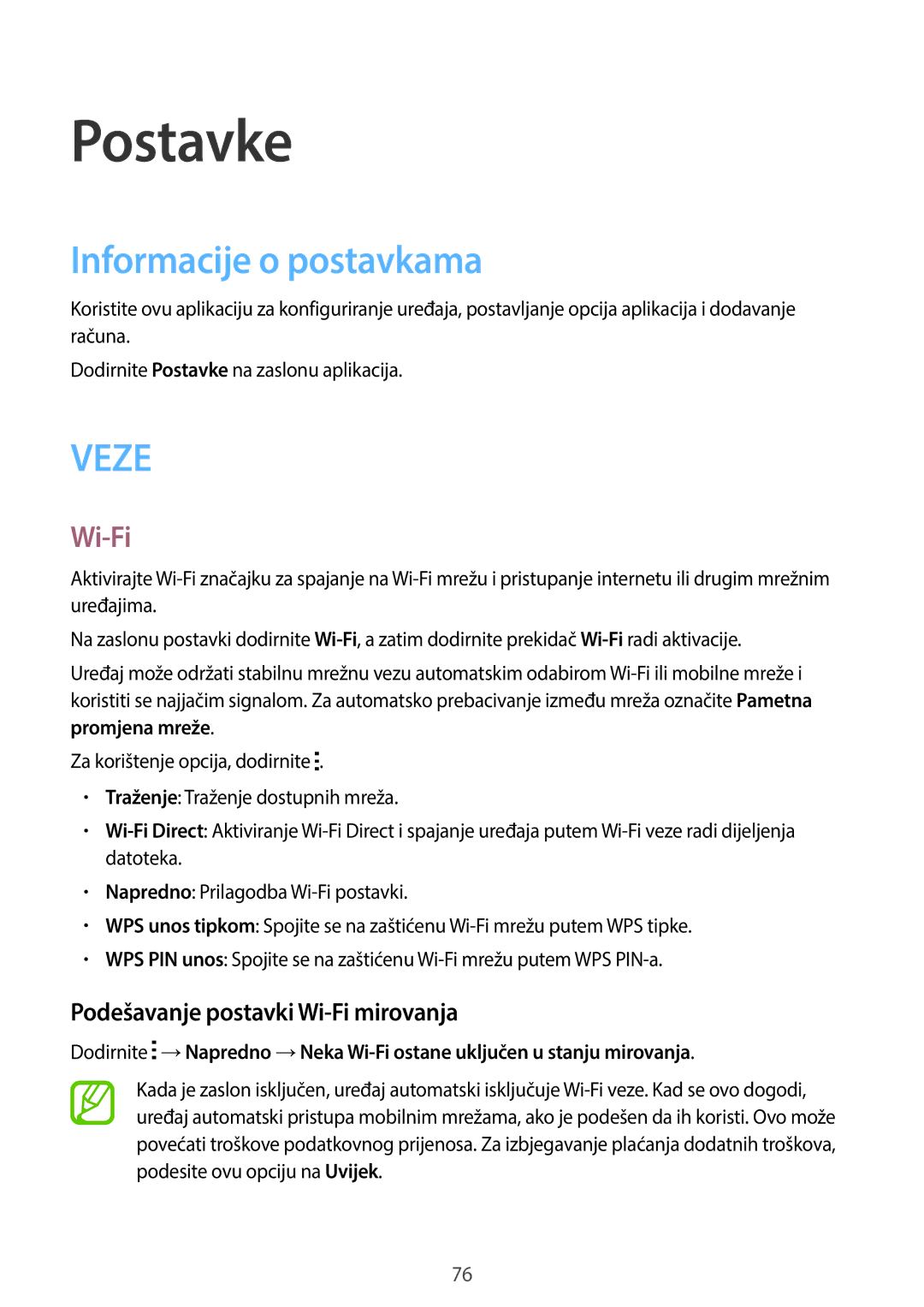 Samsung SM-G360FHAAVIP, SM-G360FZSASEE manual Postavke, Informacije o postavkama, Podešavanje postavki Wi-Fi mirovanja 