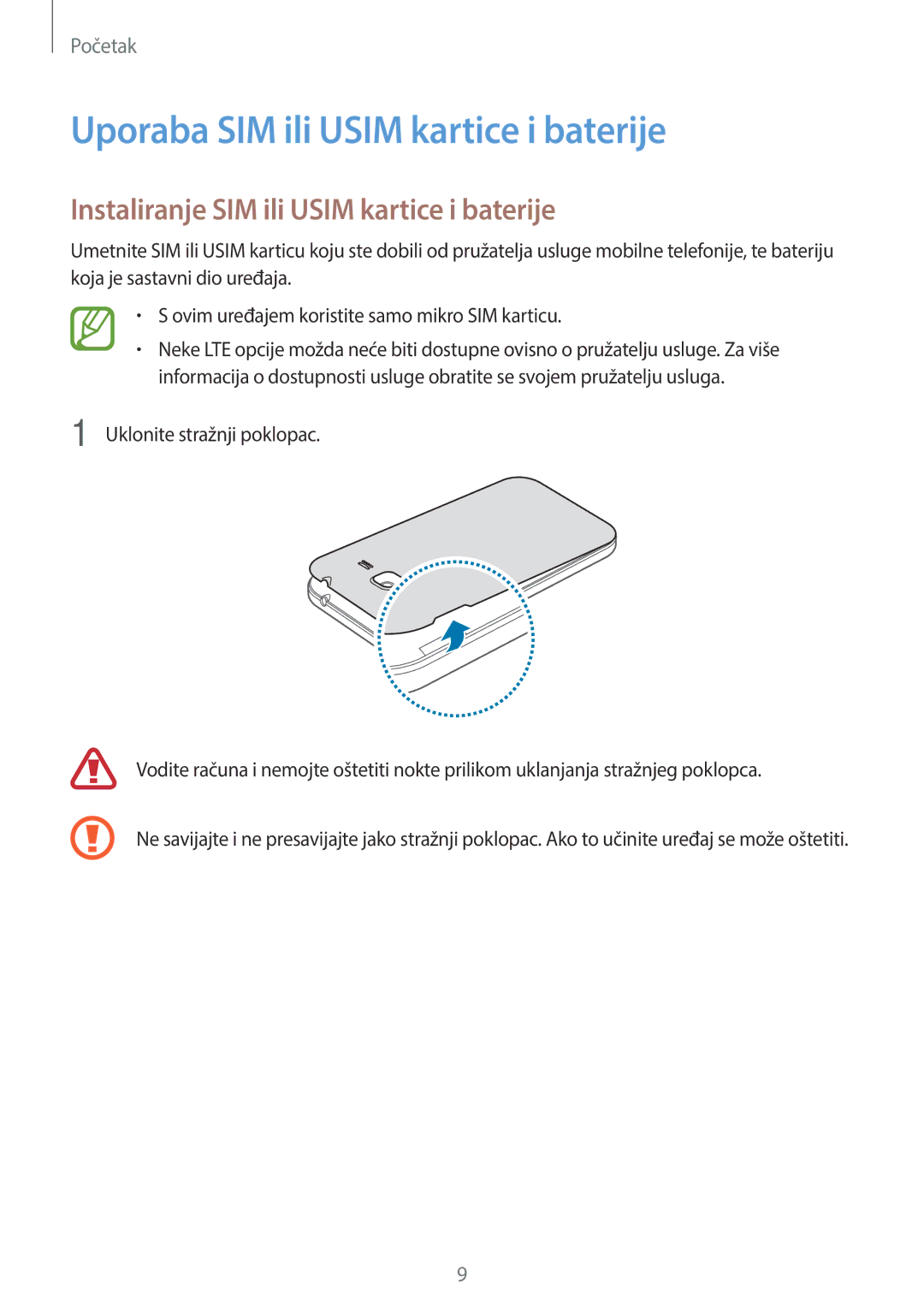 Samsung SM-G360FHAASEE manual Uporaba SIM ili Usim kartice i baterije, Instaliranje SIM ili Usim kartice i baterije 