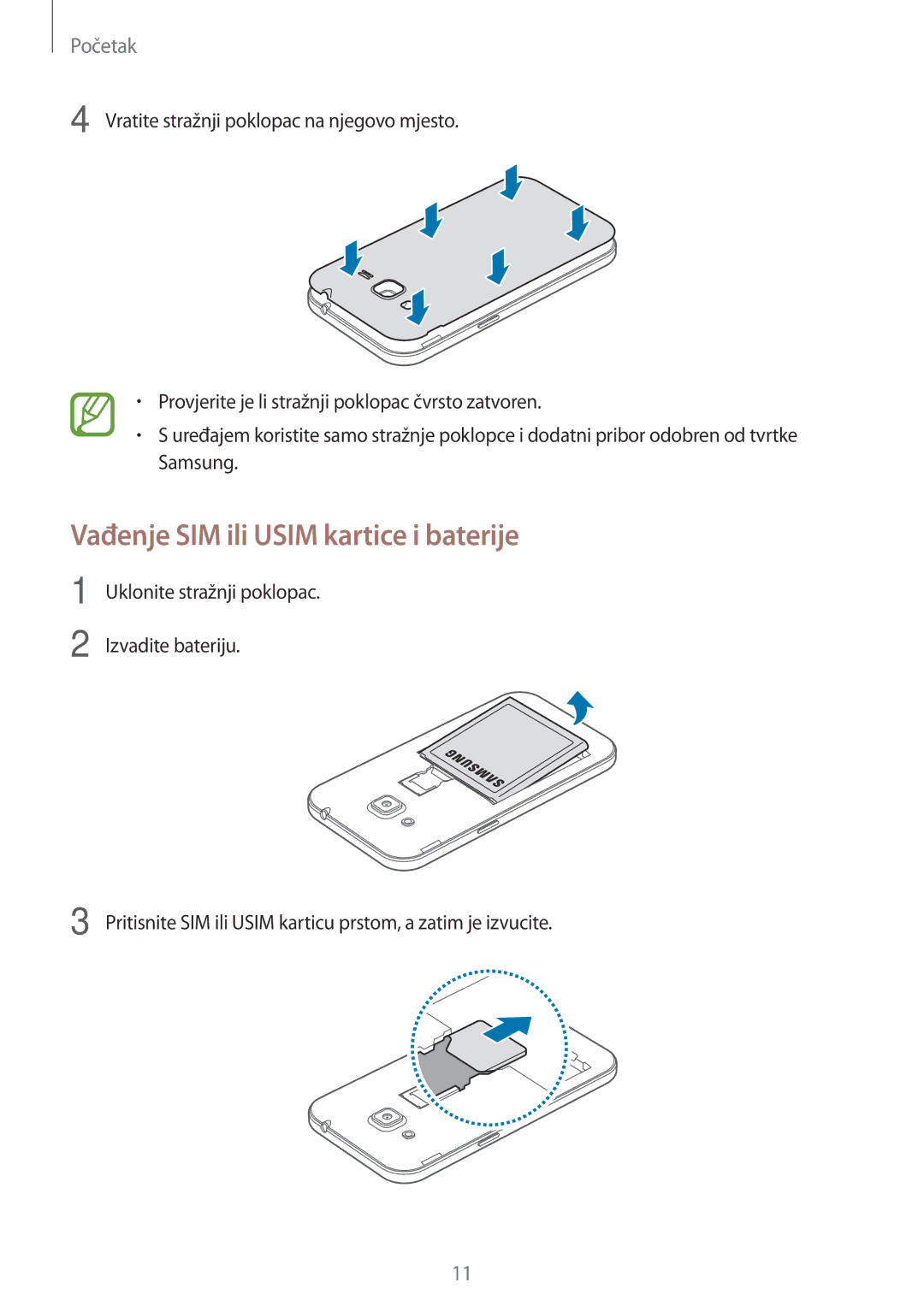 Samsung SM-G360FHAAVIP, SM-G360FZSASEE, SM-G360FZWASEE, SM-G360FZWAVIP manual Vađenje SIM ili Usim kartice i baterije 