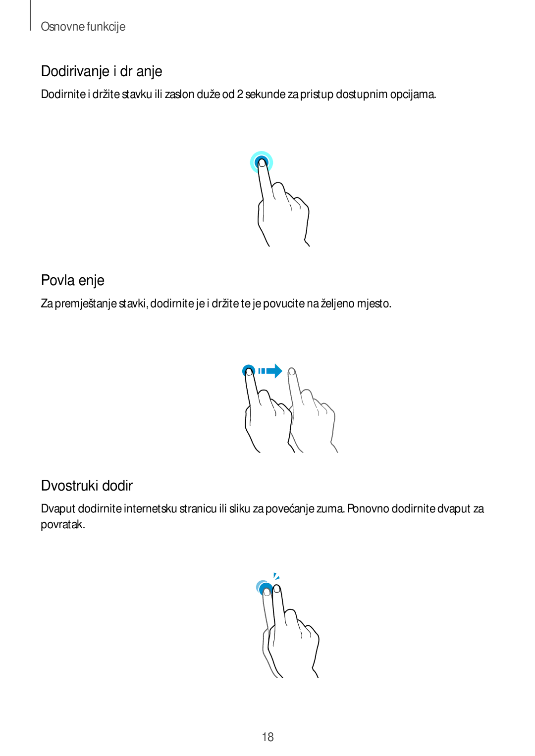 Samsung SM-G360FZWAVIP, SM-G360FZSASEE, SM-G360FHAAVIP, SM-G360FZWASEE Dodirivanje i držanje, Povlačenje, Dvostruki dodir 