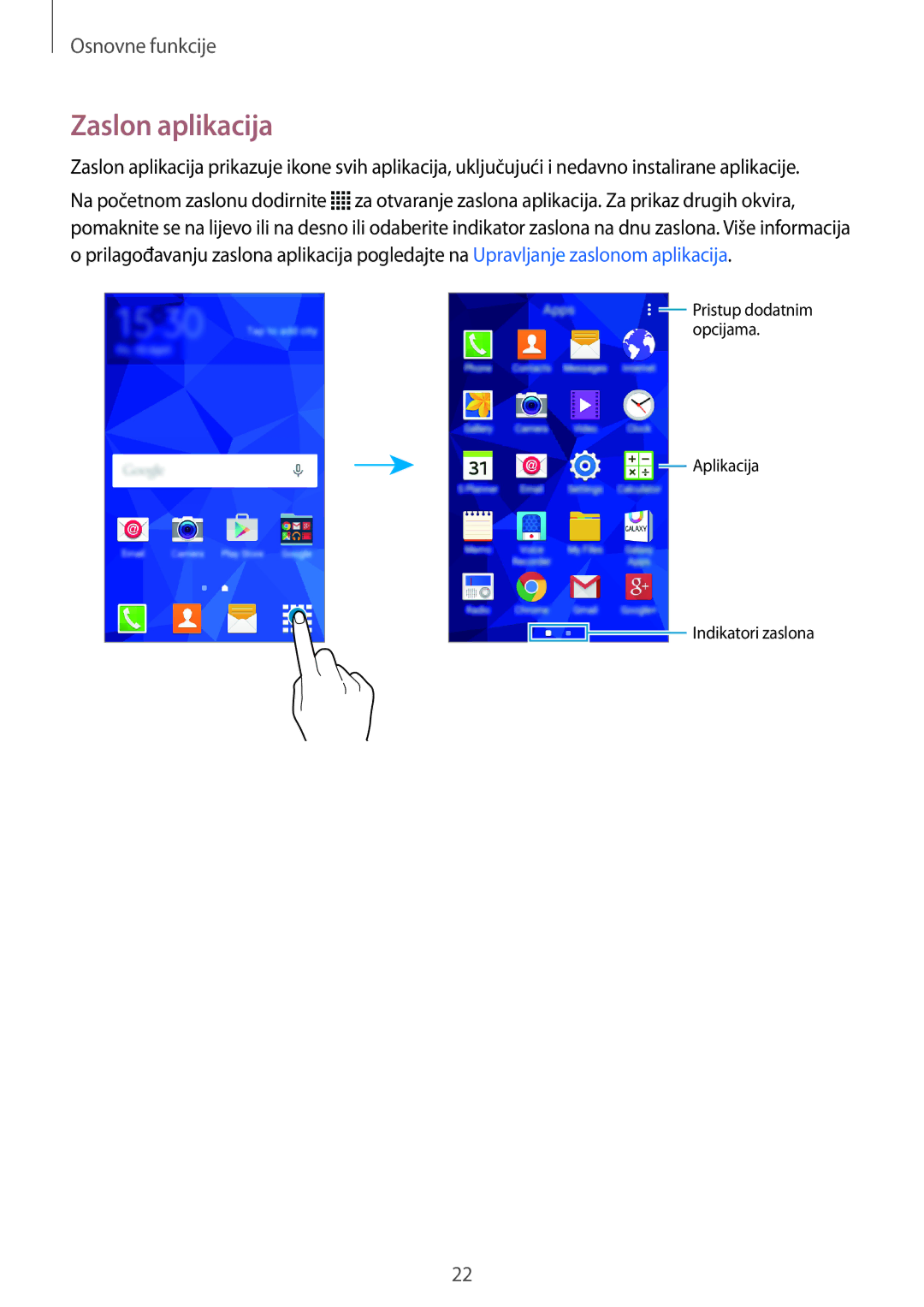 Samsung SM-G360FZWASEE, SM-G360FZSASEE, SM-G360FHAAVIP, SM-G360FZWAVIP, SM-G360FHAASEE manual Zaslon aplikacija 