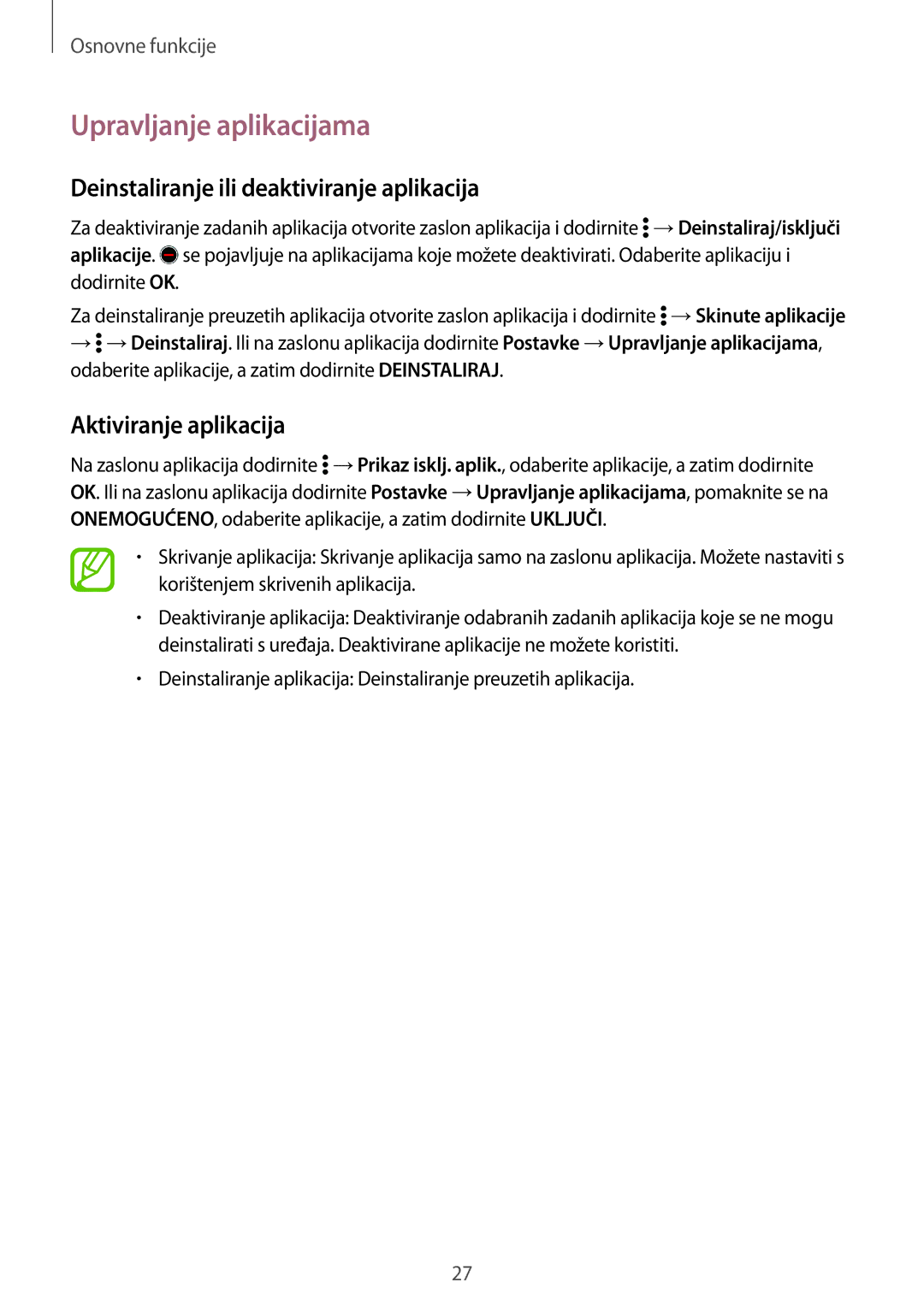 Samsung SM-G360FZWASEE manual Upravljanje aplikacijama, Deinstaliranje ili deaktiviranje aplikacija, Aktiviranje aplikacija 