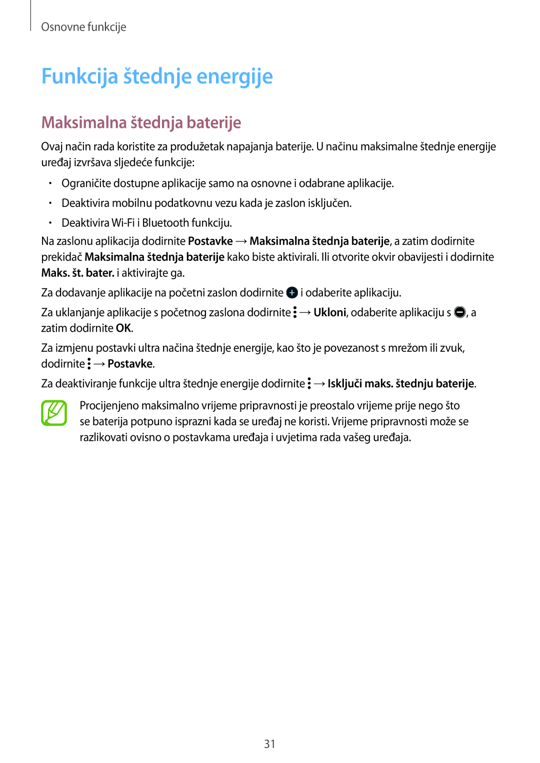 Samsung SM-G360FHAAVIP, SM-G360FZSASEE, SM-G360FZWASEE manual Funkcija štednje energije, Maksimalna štednja baterije 