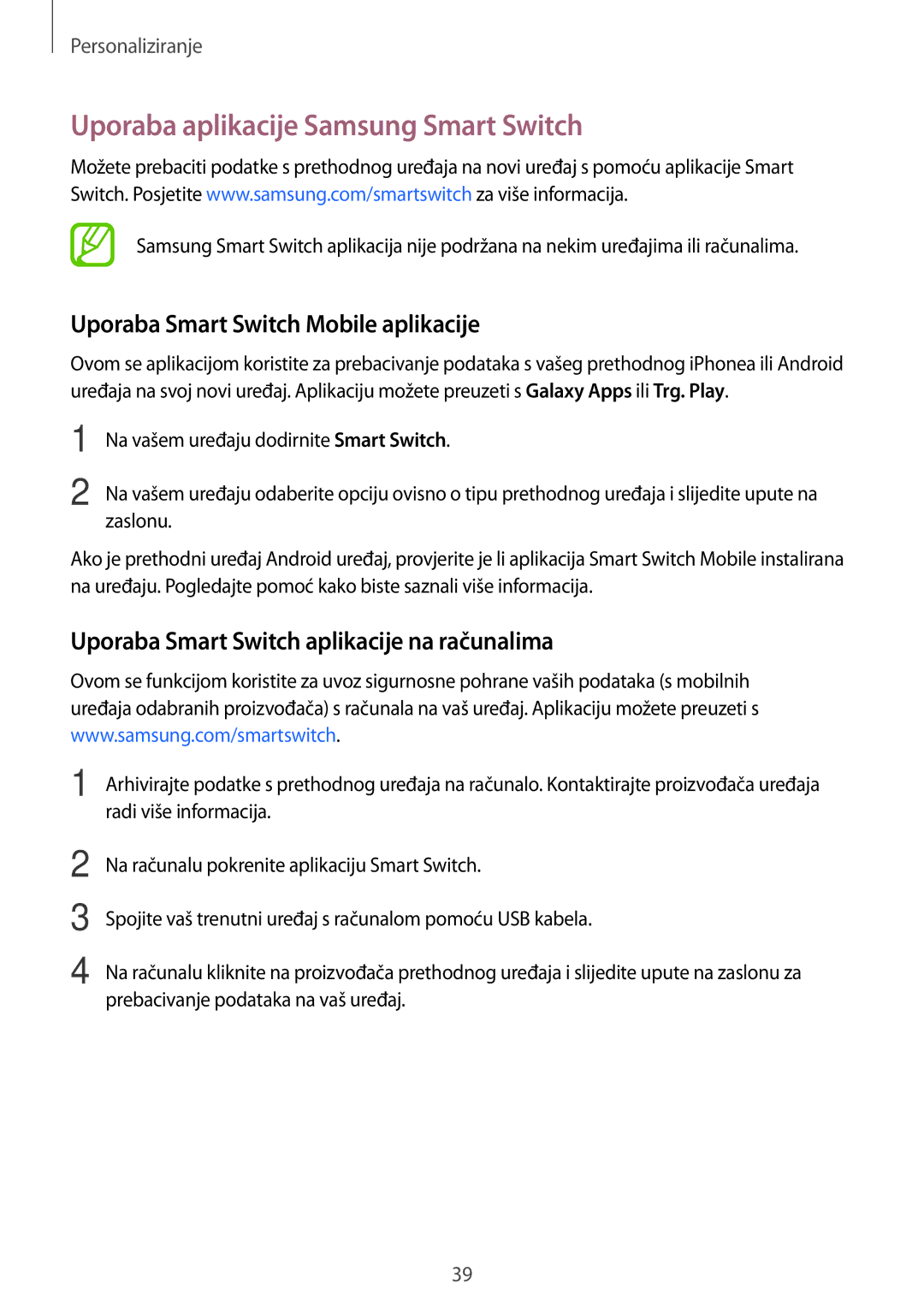 Samsung SM-G360FHAASEE, SM-G360FZSASEE Uporaba aplikacije Samsung Smart Switch, Uporaba Smart Switch Mobile aplikacije 