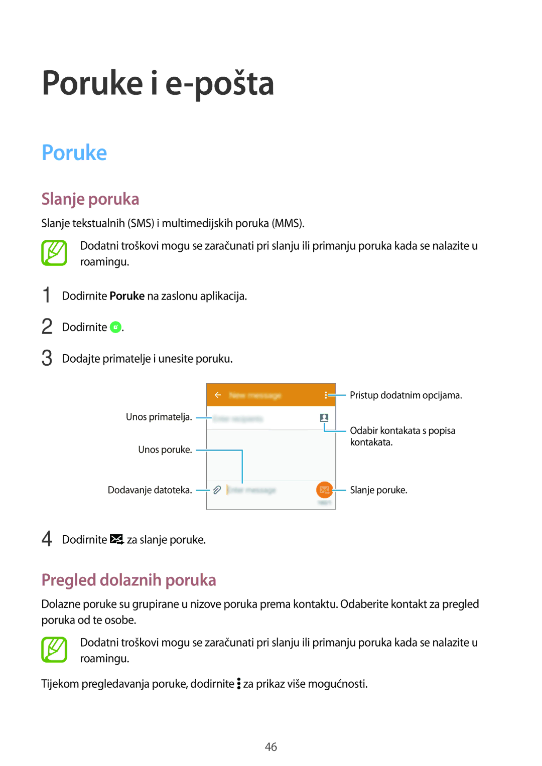 Samsung SM-G360FHAAVIP, SM-G360FZSASEE, SM-G360FZWASEE manual Poruke i e-pošta, Slanje poruka, Pregled dolaznih poruka 