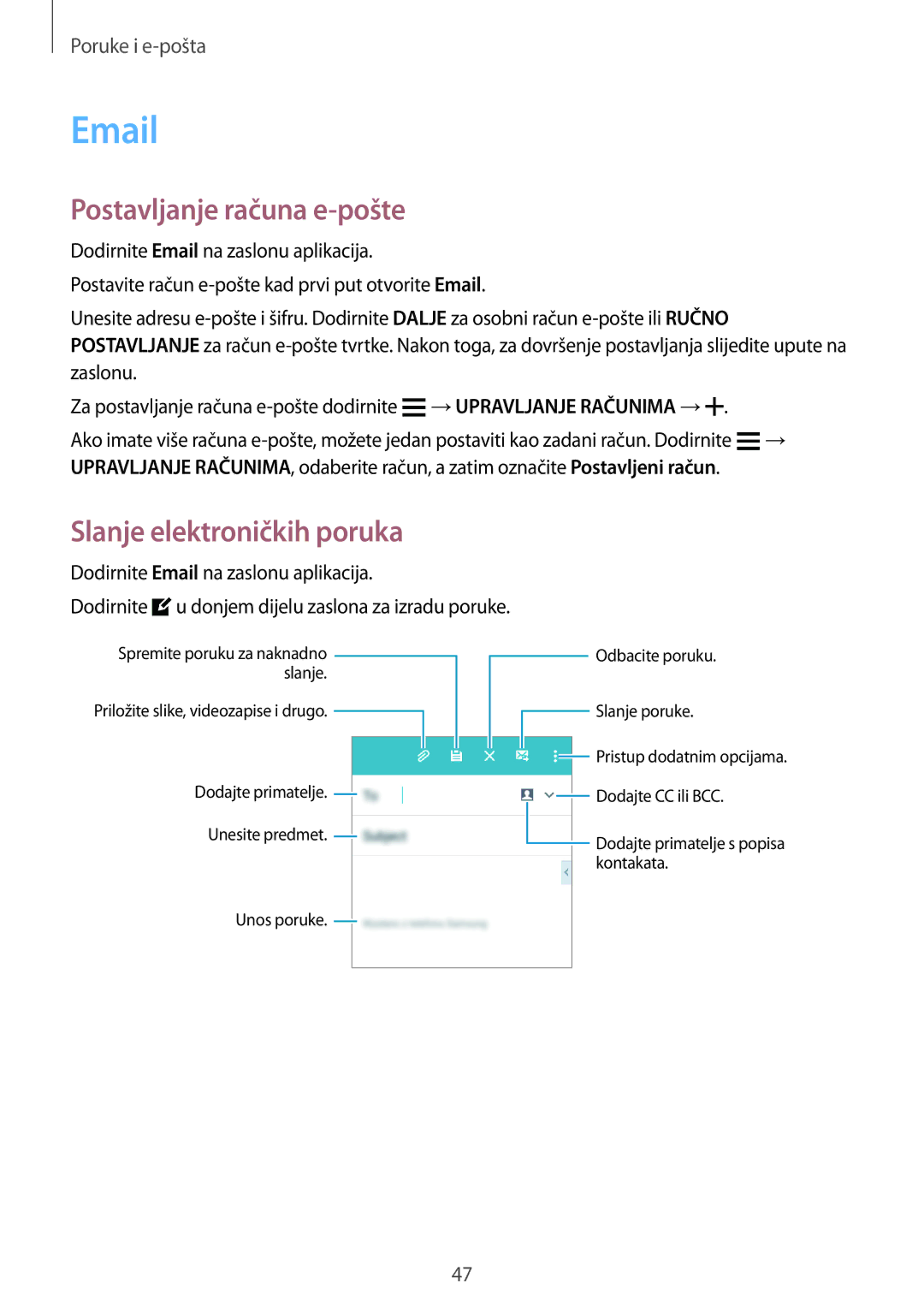 Samsung SM-G360FZWASEE, SM-G360FZSASEE, SM-G360FHAAVIP manual Postavljanje računa e-pošte, Slanje elektroničkih poruka 