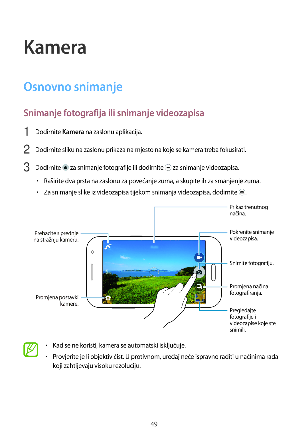 Samsung SM-G360FHAASEE, SM-G360FZSASEE manual Kamera, Osnovno snimanje, Snimanje fotografija ili snimanje videozapisa 