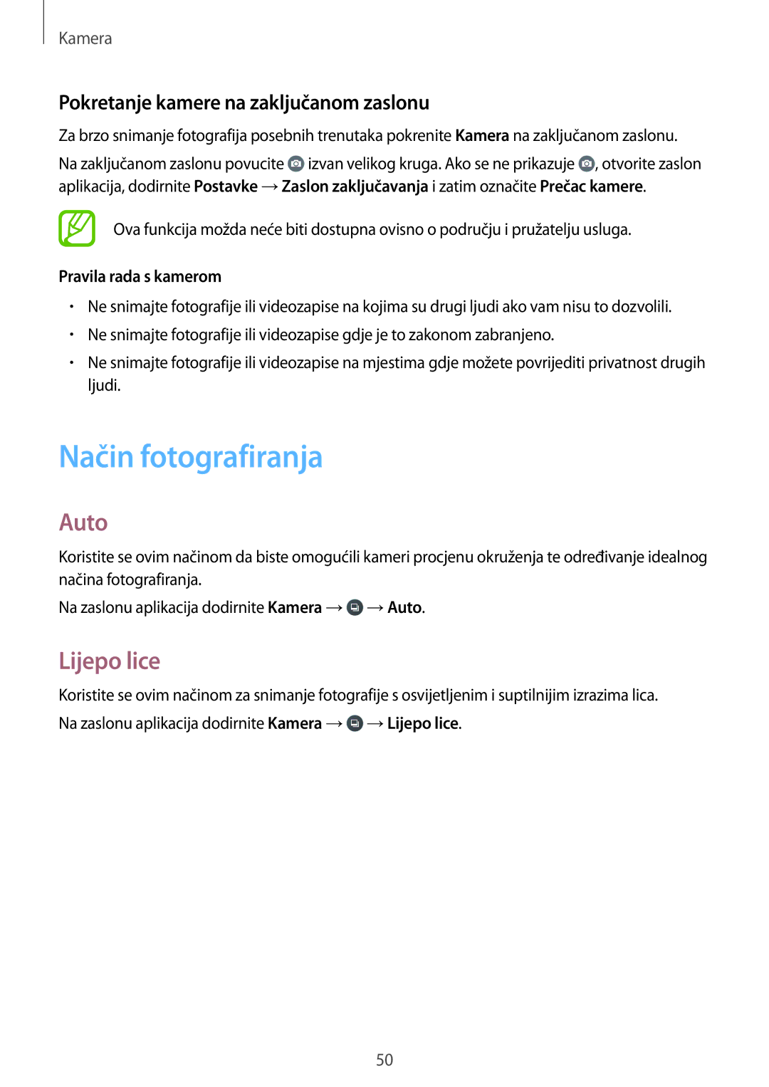 Samsung SM-G360FZSASEE, SM-G360FHAAVIP Način fotografiranja, Auto, Lijepo lice, Pokretanje kamere na zaključanom zaslonu 