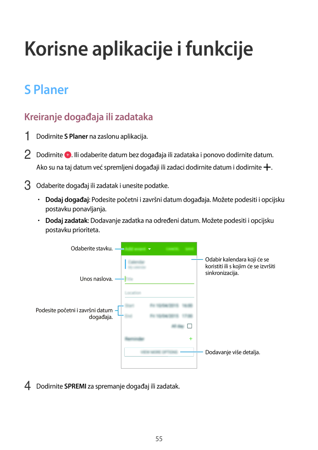 Samsung SM-G360FZSASEE, SM-G360FHAAVIP manual Korisne aplikacije i funkcije, Planer, Kreiranje događaja ili zadataka 