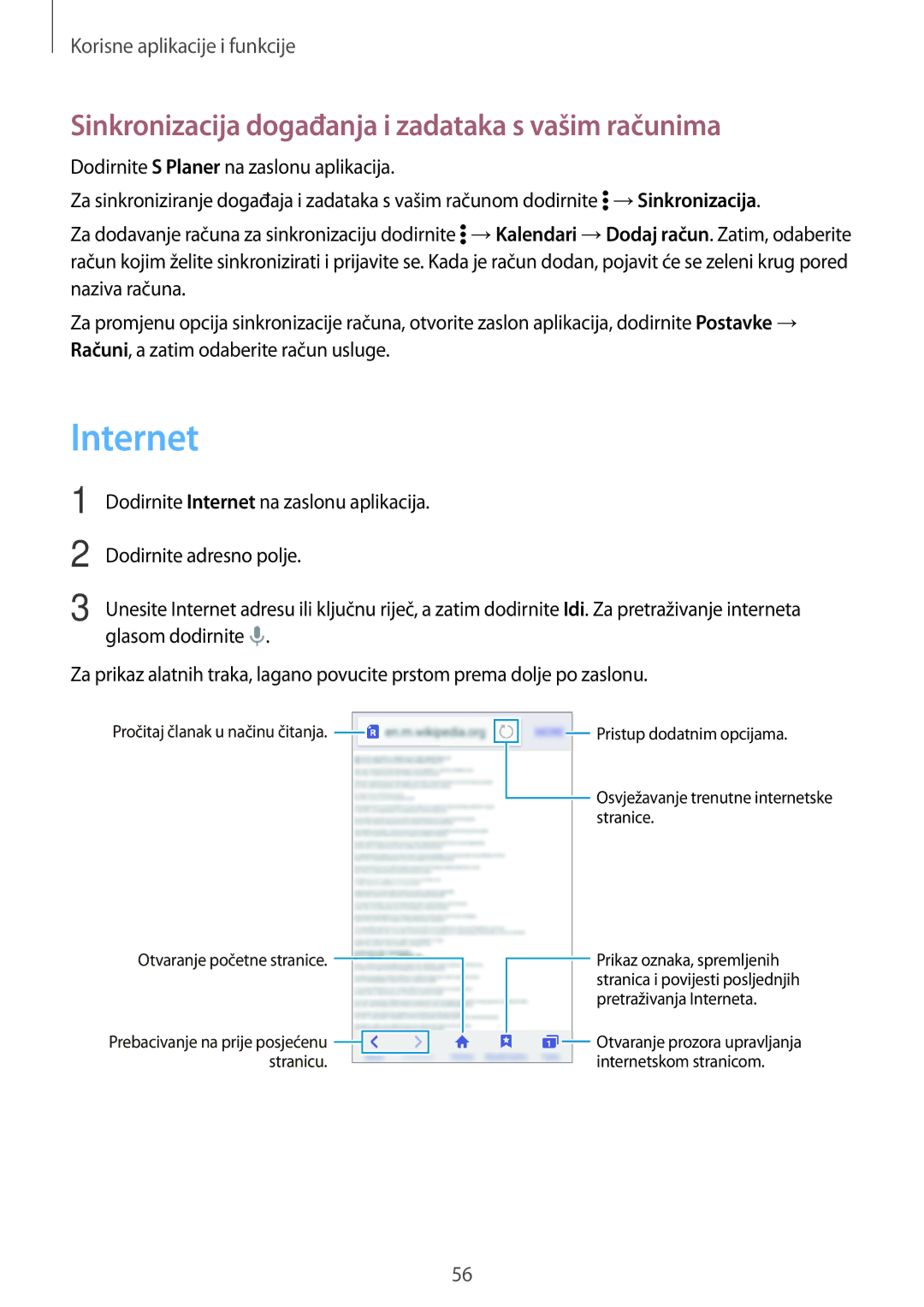 Samsung SM-G360FHAAVIP, SM-G360FZSASEE, SM-G360FZWASEE manual Internet, Sinkronizacija događanja i zadataka s vašim računima 