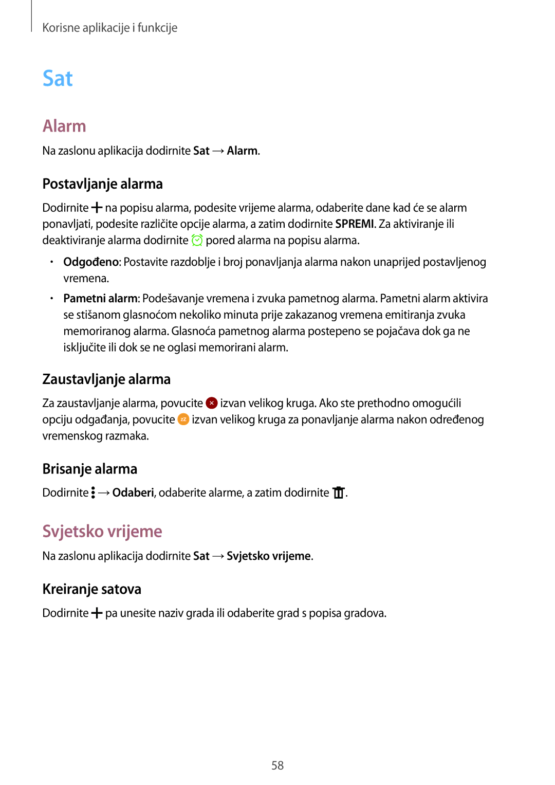 Samsung SM-G360FZWAVIP, SM-G360FZSASEE, SM-G360FHAAVIP, SM-G360FZWASEE, SM-G360FHAASEE manual Sat, Alarm, Svjetsko vrijeme 