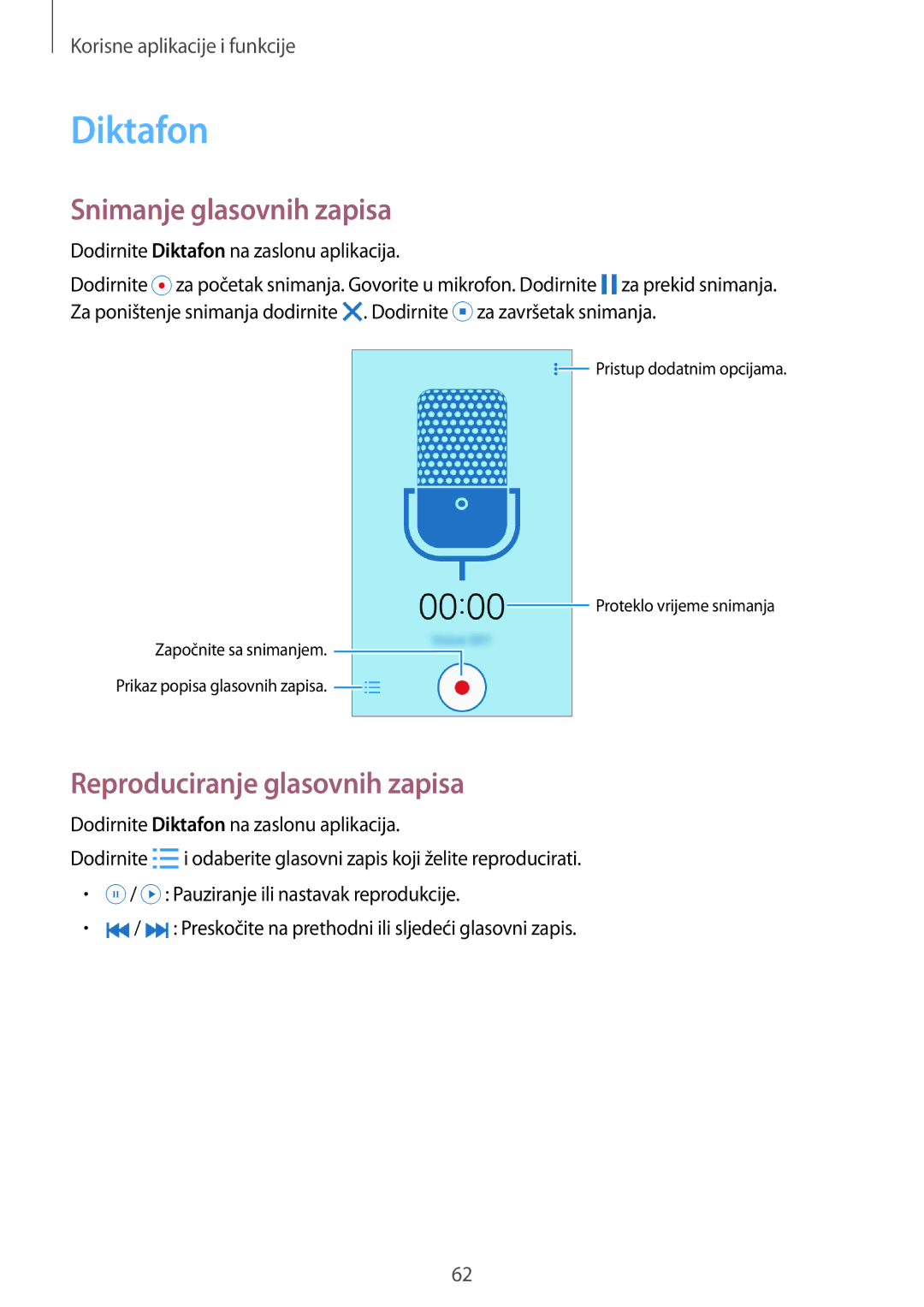 Samsung SM-G360FZWASEE, SM-G360FZSASEE, SM-G360FHAAVIP Diktafon, Snimanje glasovnih zapisa, Reproduciranje glasovnih zapisa 