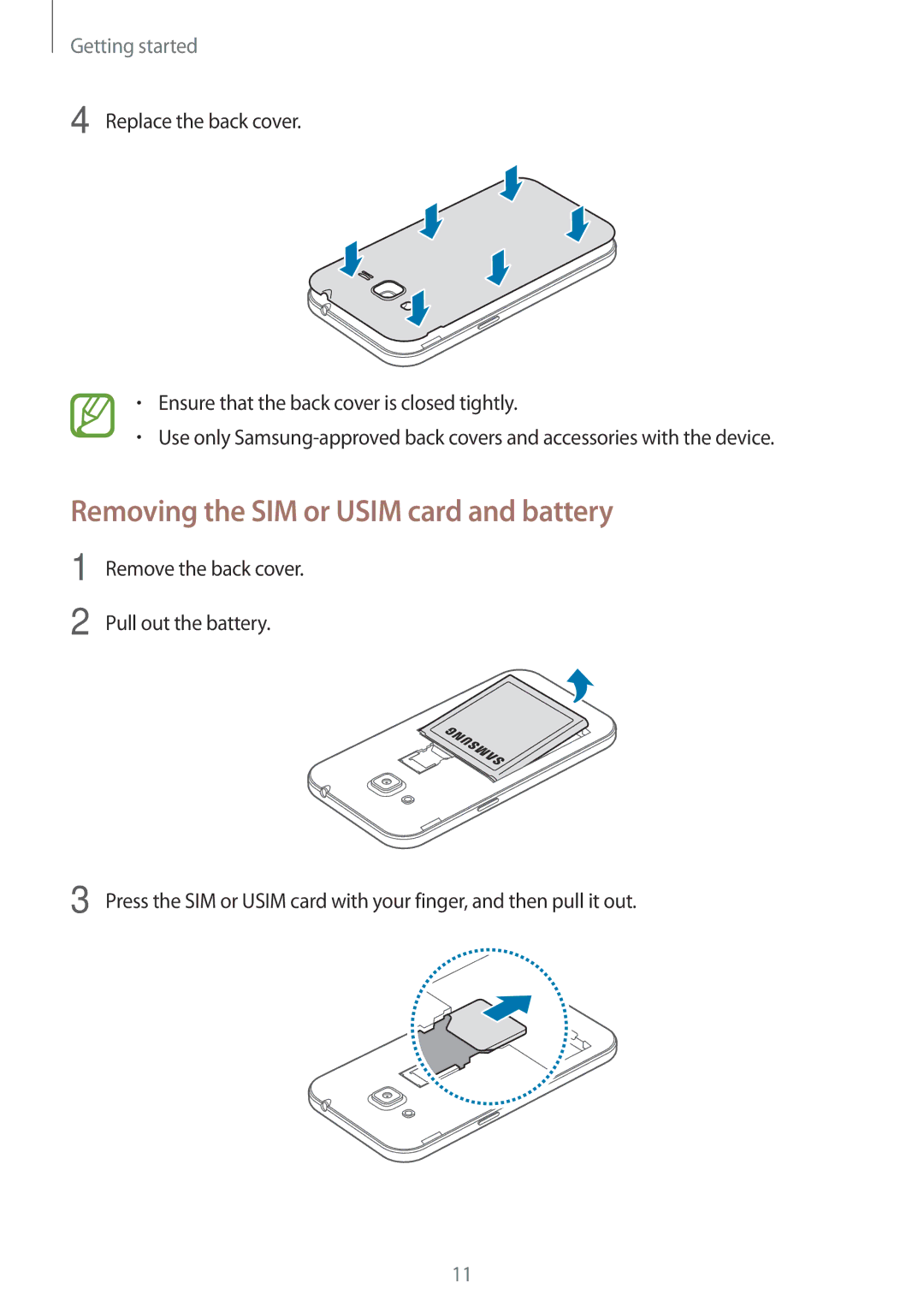 Samsung SM-G360FZWATIM, SM-G360FZSAXEF, SM-G360FHAASFR, SM-G360FHAAVGF manual Removing the SIM or Usim card and battery 