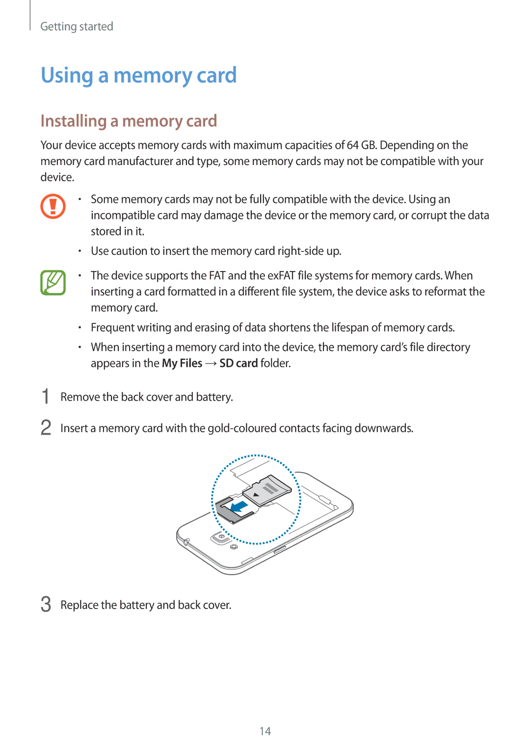 Samsung SM-G360FZSAPRT, SM-G360FZSAXEF, SM-G360FHAASFR, SM-G360FHAAVGF manual Using a memory card, Installing a memory card 