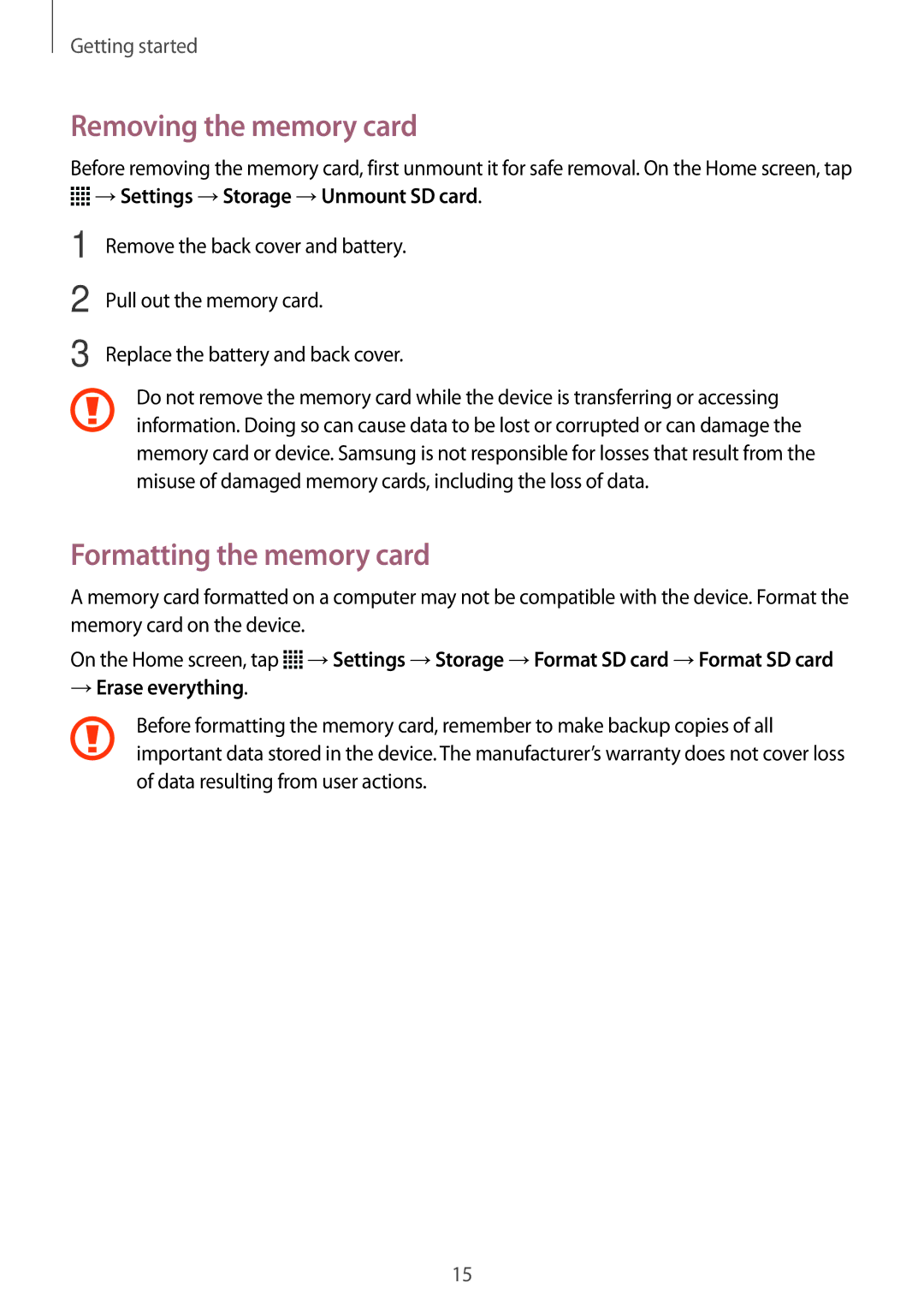 Samsung SM-G360FZSATIM manual Removing the memory card, Formatting the memory card, →Settings →Storage →Unmount SD card 