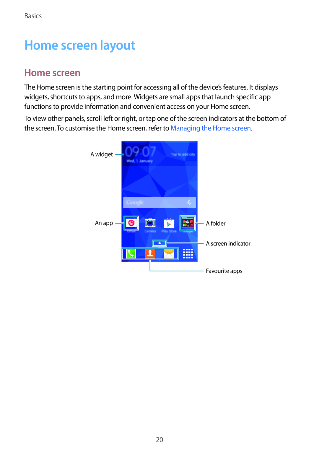 Samsung SM-G360FHAAMEO, SM-G360FZSAXEF, SM-G360FHAASFR, SM-G360FHAAVGF, SM-G360FZWAVGF, SM-G360FHAAXEF manual Home screen layout 