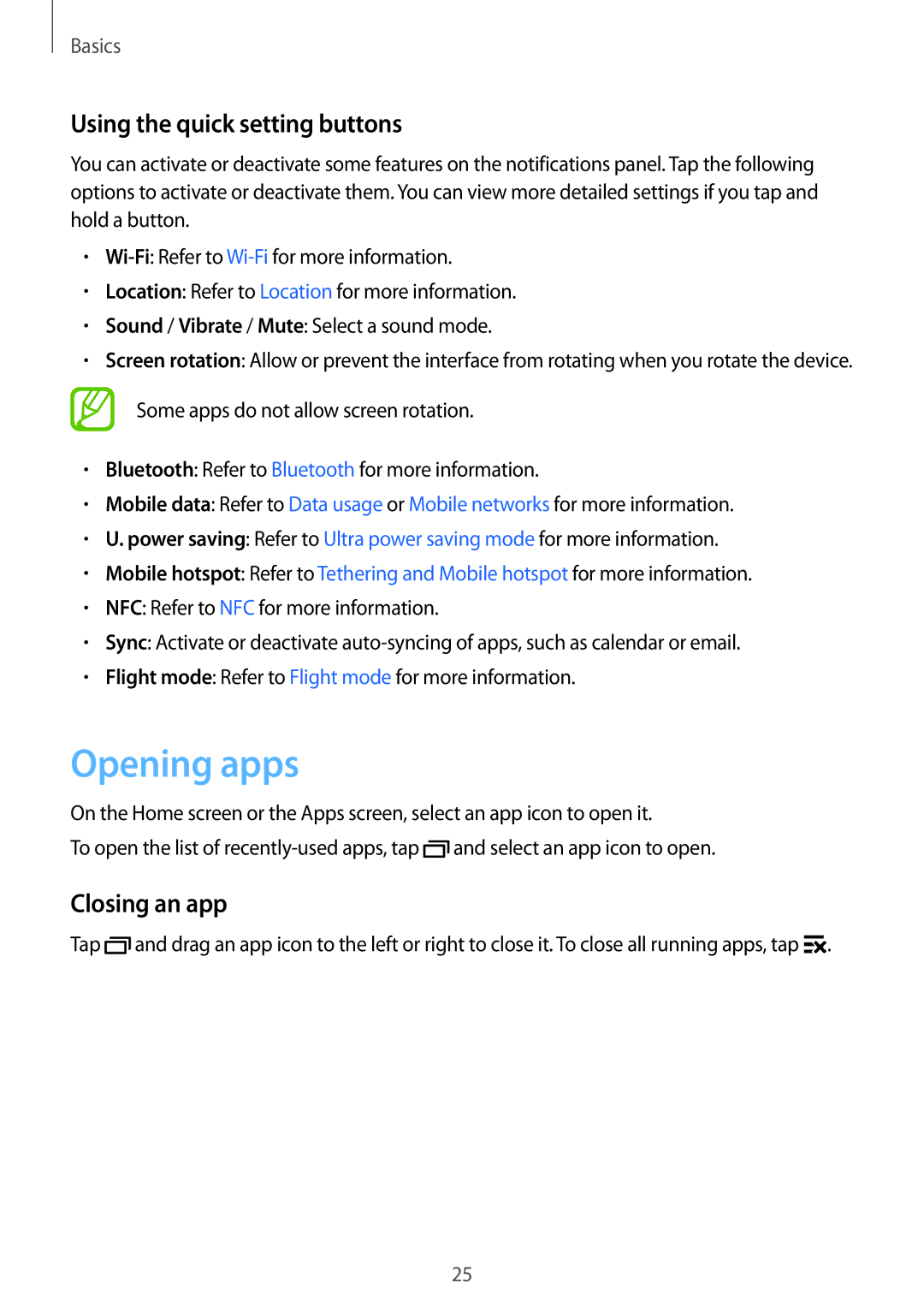 Samsung SM-G360FZWAMEO, SM-G360FZSAXEF, SM-G360FHAASFR manual Opening apps, Using the quick setting buttons, Closing an app 