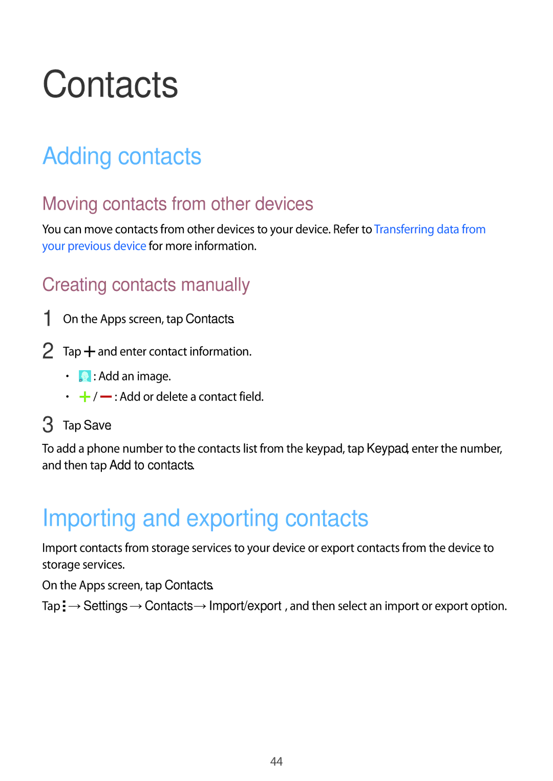 Samsung SM-G360FZWAO2C Contacts, Adding contacts, Importing and exporting contacts, Moving contacts from other devices 