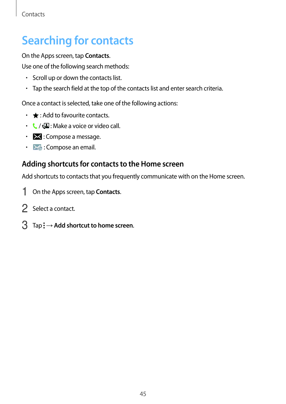 Samsung SM-G360FZWAVDH, SM-G360FZSAXEF manual Searching for contacts, Adding shortcuts for contacts to the Home screen 