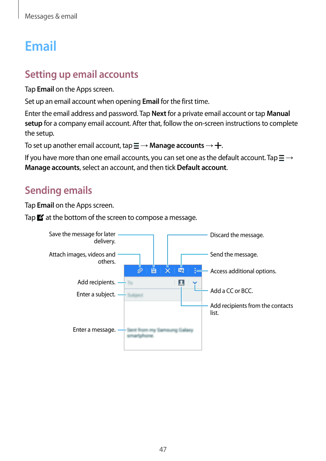 Samsung SM-G360FHAAVDH, SM-G360FZSAXEF, SM-G360FHAASFR, SM-G360FHAAVGF manual Setting up email accounts, Sending emails 