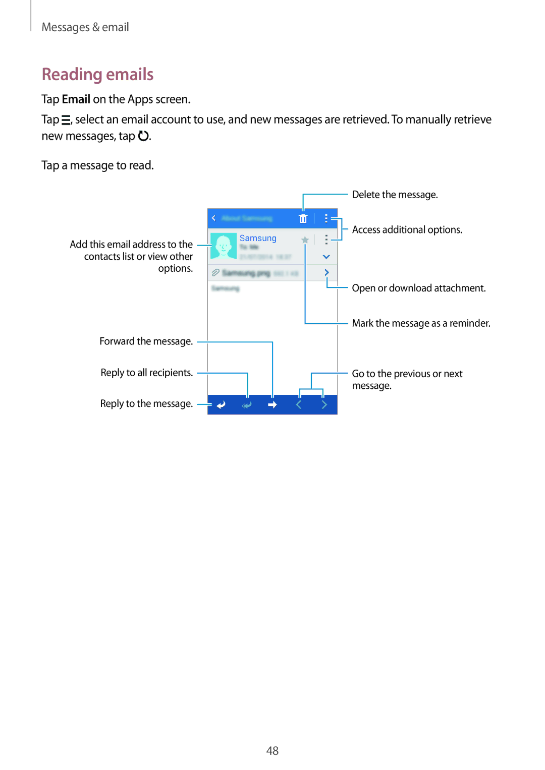 Samsung SM-G360FHAAVDC, SM-G360FZSAXEF, SM-G360FHAASFR, SM-G360FHAAVGF, SM-G360FZWAVGF, SM-G360FHAAXEF manual Reading emails 