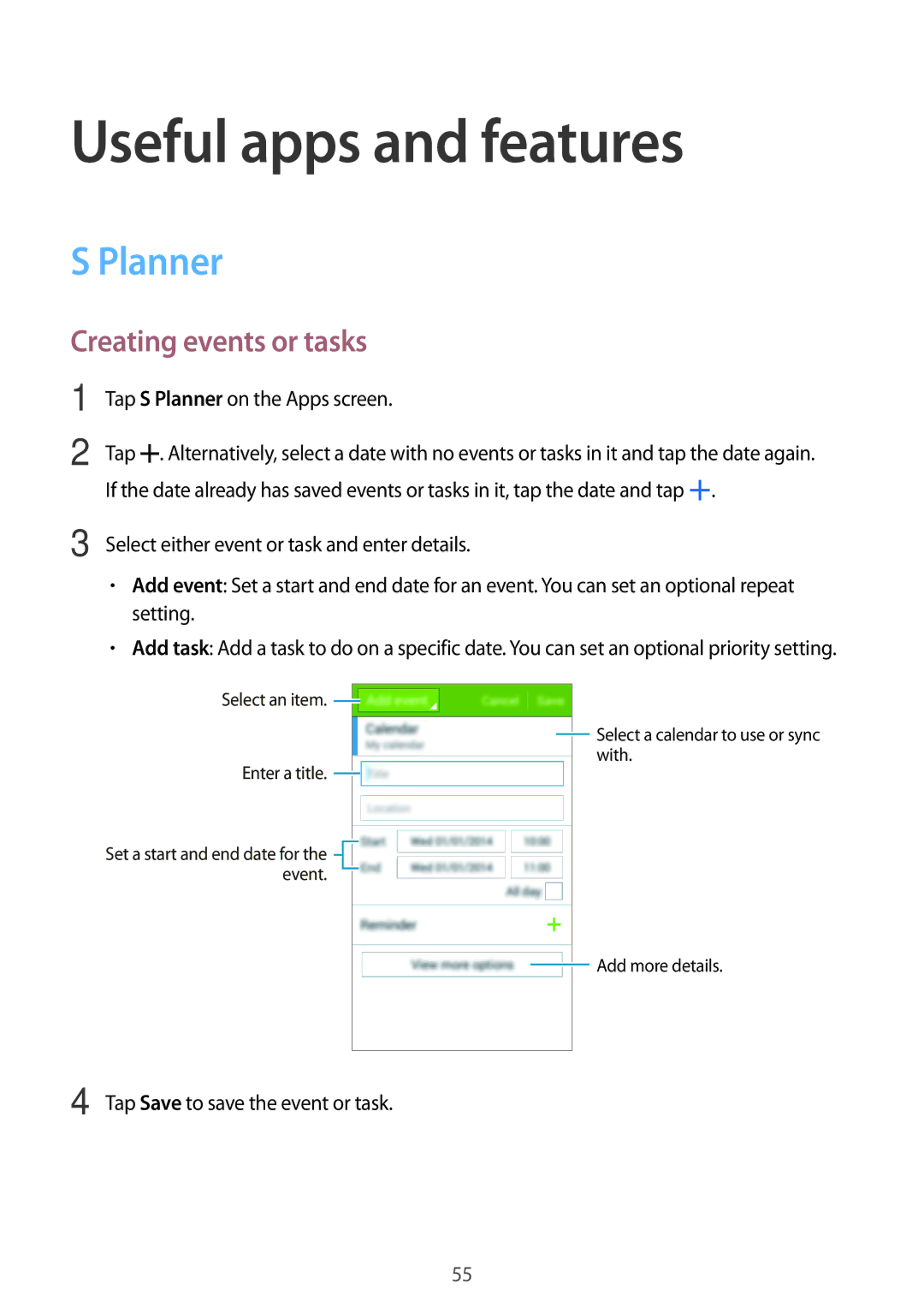 Samsung SM-G360FZSAETL, SM-G360FZSAXEF, SM-G360FHAASFR manual Useful apps and features, Planner, Creating events or tasks 