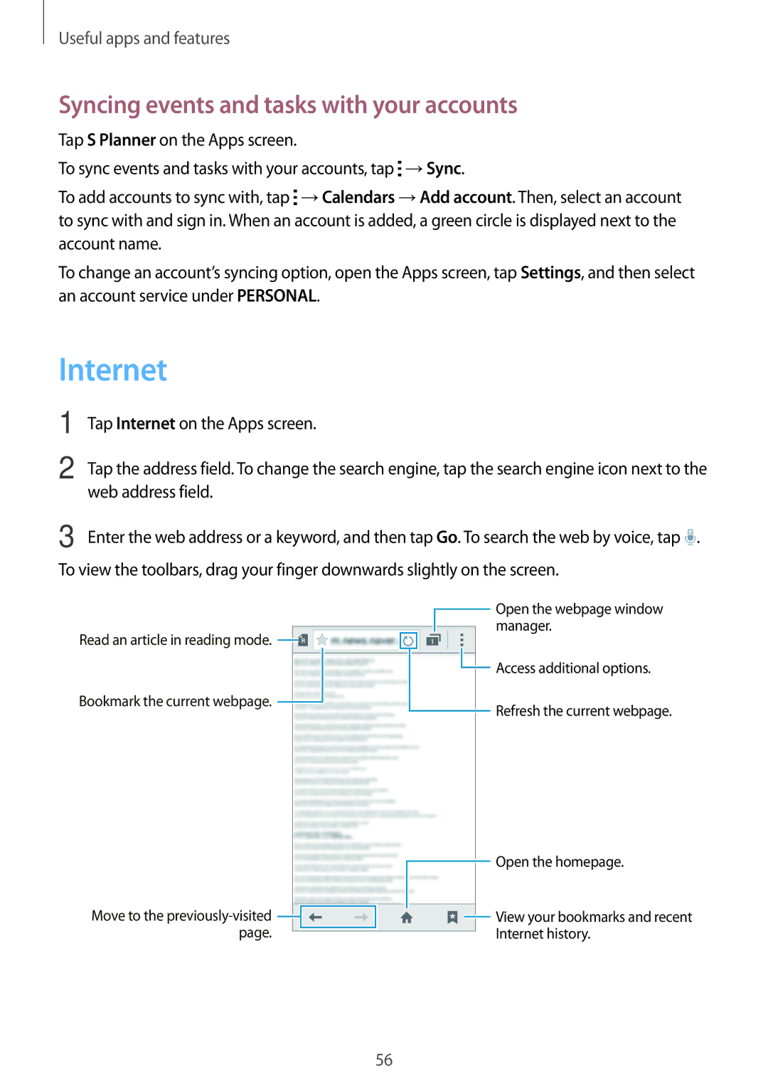 Samsung SM-G360FHAAO2C, SM-G360FZSAXEF, SM-G360FHAASFR, SM-G360FHAAVGF Internet, Syncing events and tasks with your accounts 