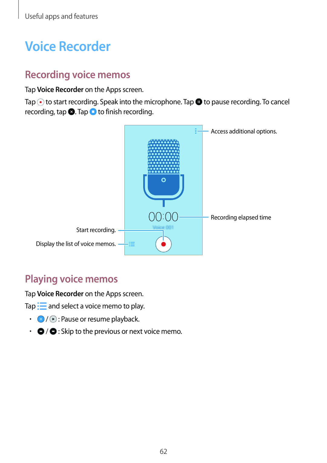 Samsung SM-G360FHAAUPC, SM-G360FZSAXEF, SM-G360FHAASFR manual Voice Recorder, Recording voice memos, Playing voice memos 