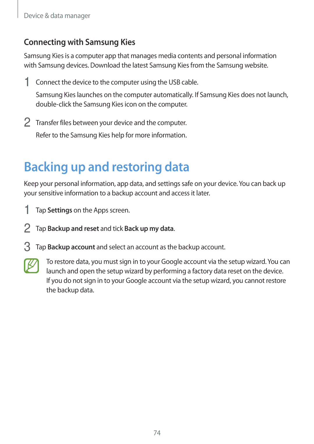 Samsung SM-G360FZWAETL, SM-G360FZSAXEF, SM-G360FHAASFR manual Backing up and restoring data, Connecting with Samsung Kies 