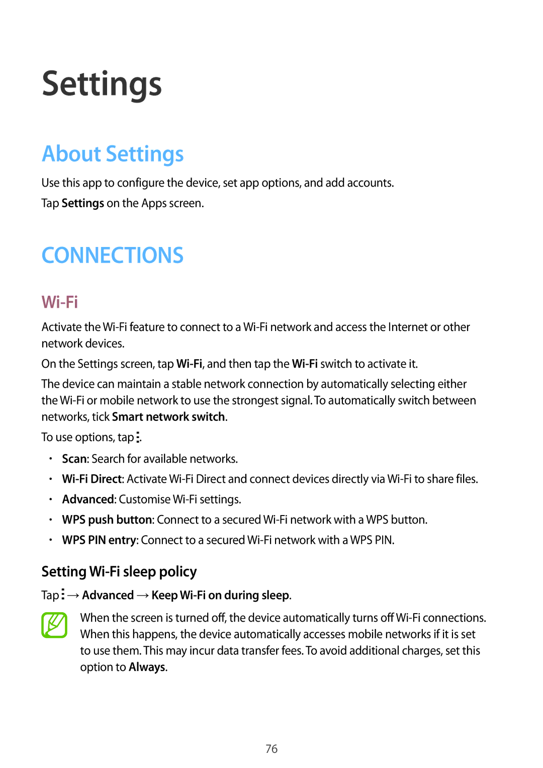 Samsung SM-G360FZWAUPC manual About Settings, Setting Wi-Fi sleep policy, Tap →Advanced →Keep Wi-Fi on during sleep 