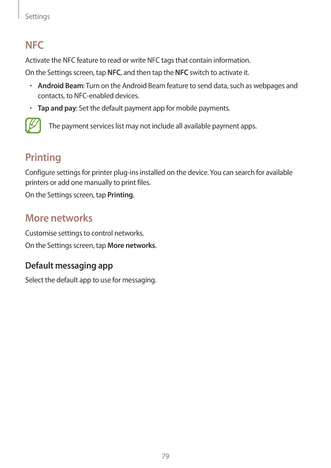 Samsung SM2G360FZWAXEH, SM-G360FZSAXEF, SM-G360FHAASFR, SM-G360FHAAVGF manual Printing, More networks, Default messaging app 