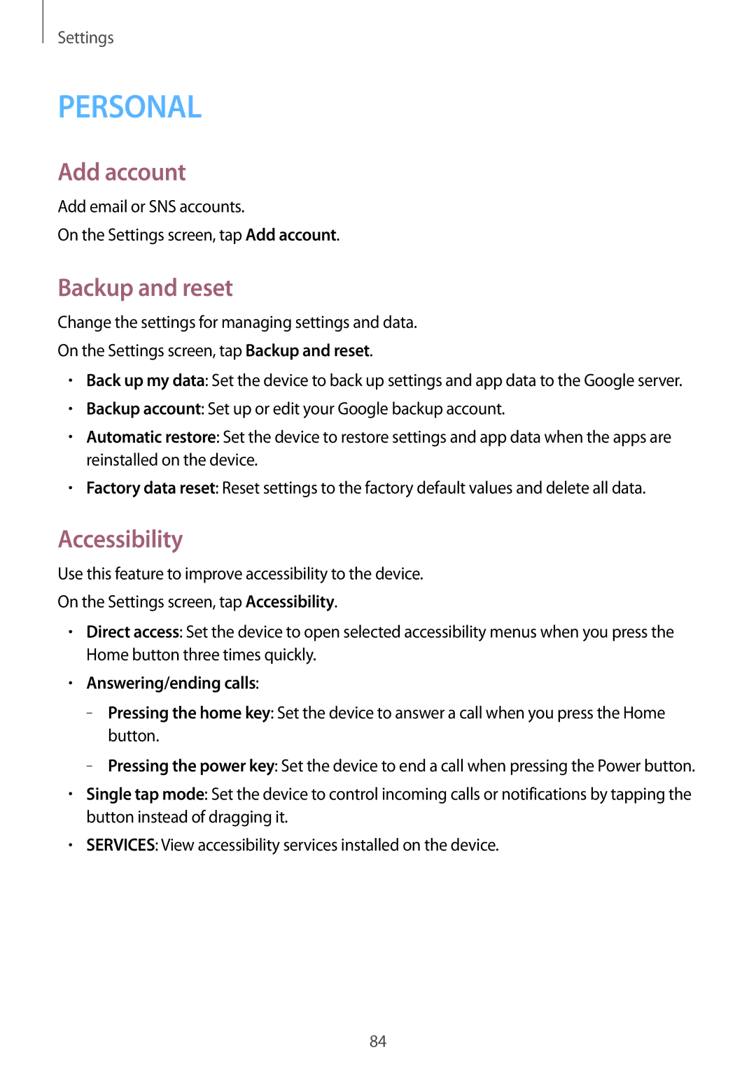 Samsung SM-G360FZWASEB, SM-G360FZSAXEF, SM-G360FHAASFR, SM-G360FHAAVGF manual Add account, Backup and reset, Accessibility 