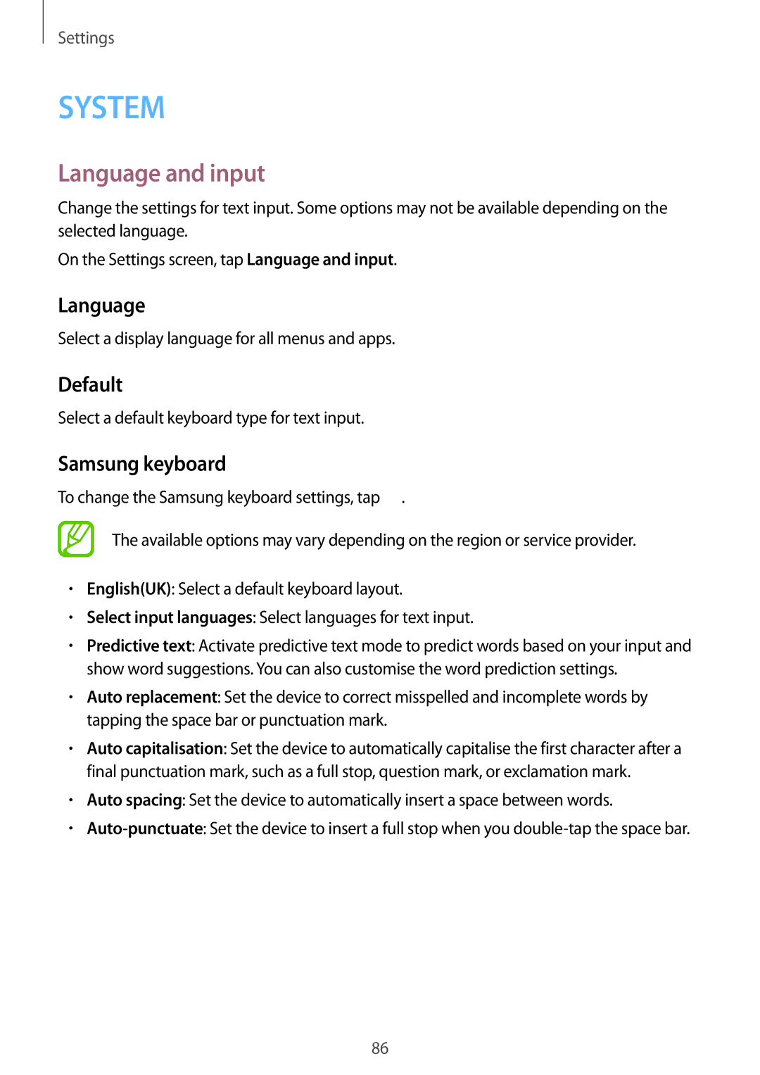 Samsung SM-G360FHAASEB, SM-G360FZSAXEF, SM-G360FHAASFR, SM-G360FHAAVGF manual Language and input, Default, Samsung keyboard 