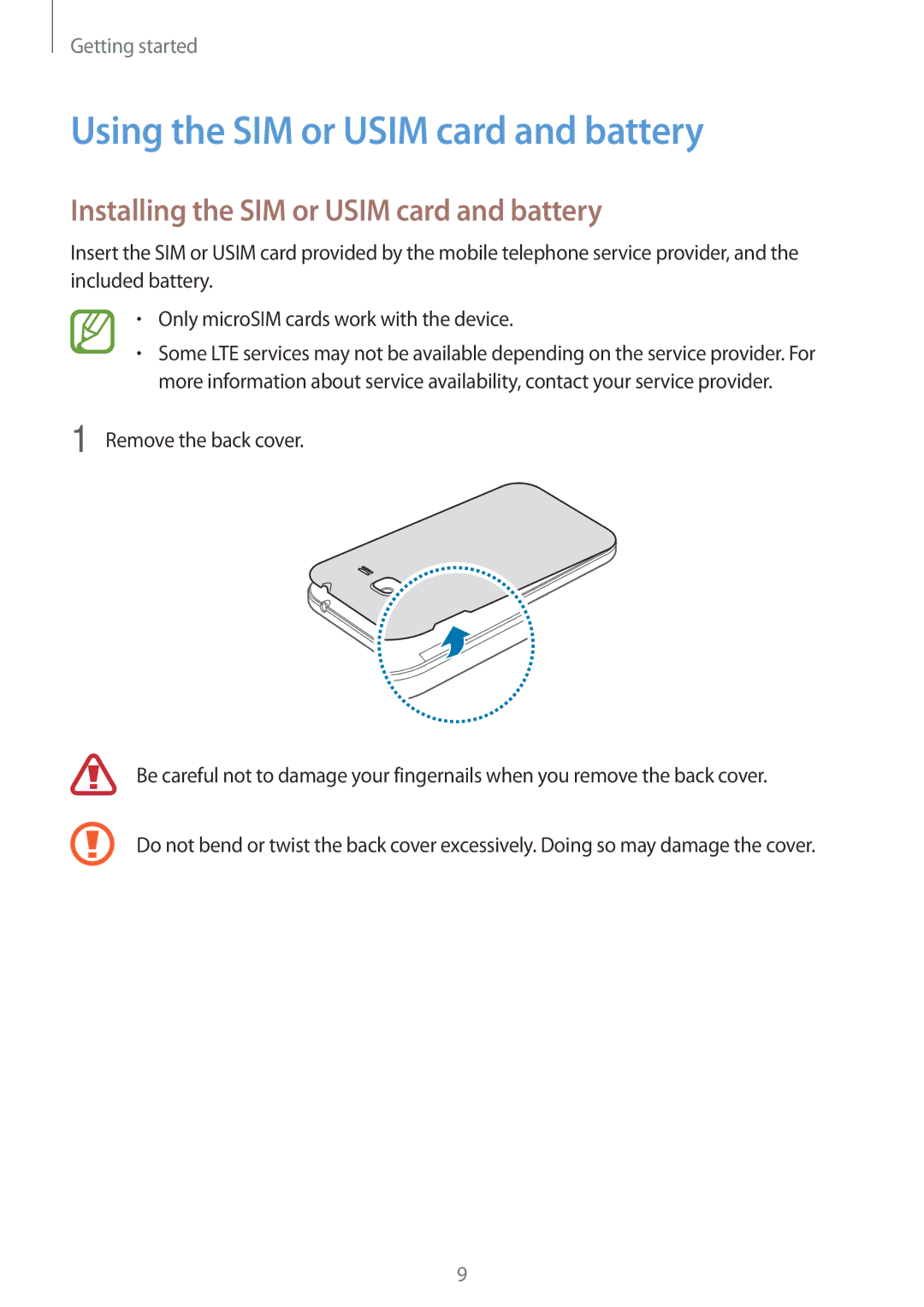 Samsung SM-G360FZSAAUT, SM-G360FZSAXEF Using the SIM or Usim card and battery, Installing the SIM or Usim card and battery 